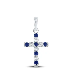 10kt White Gold Womens Round Lab-Created Blue Sapphire Cross Faith Pendant 1/3 Cttw