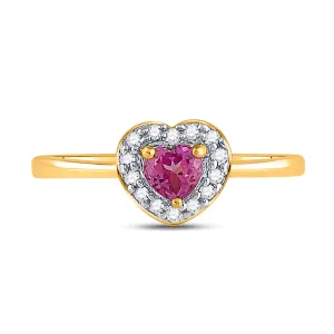 10kt Yellow Gold Womens Round Lab-Created Pink Sapphire Heart Ring 1/10 Cttw