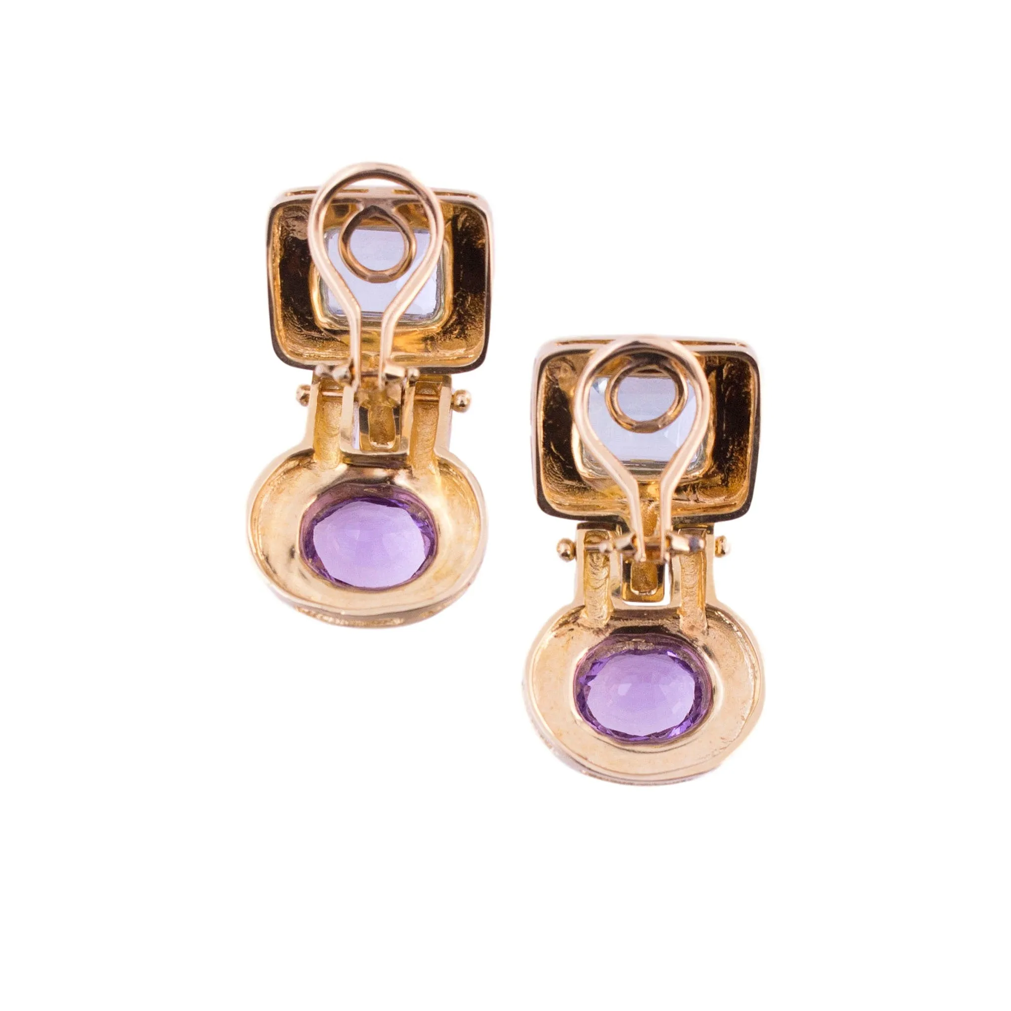 14K Gold Blue Topaz and Amethyst Geometric Earrings