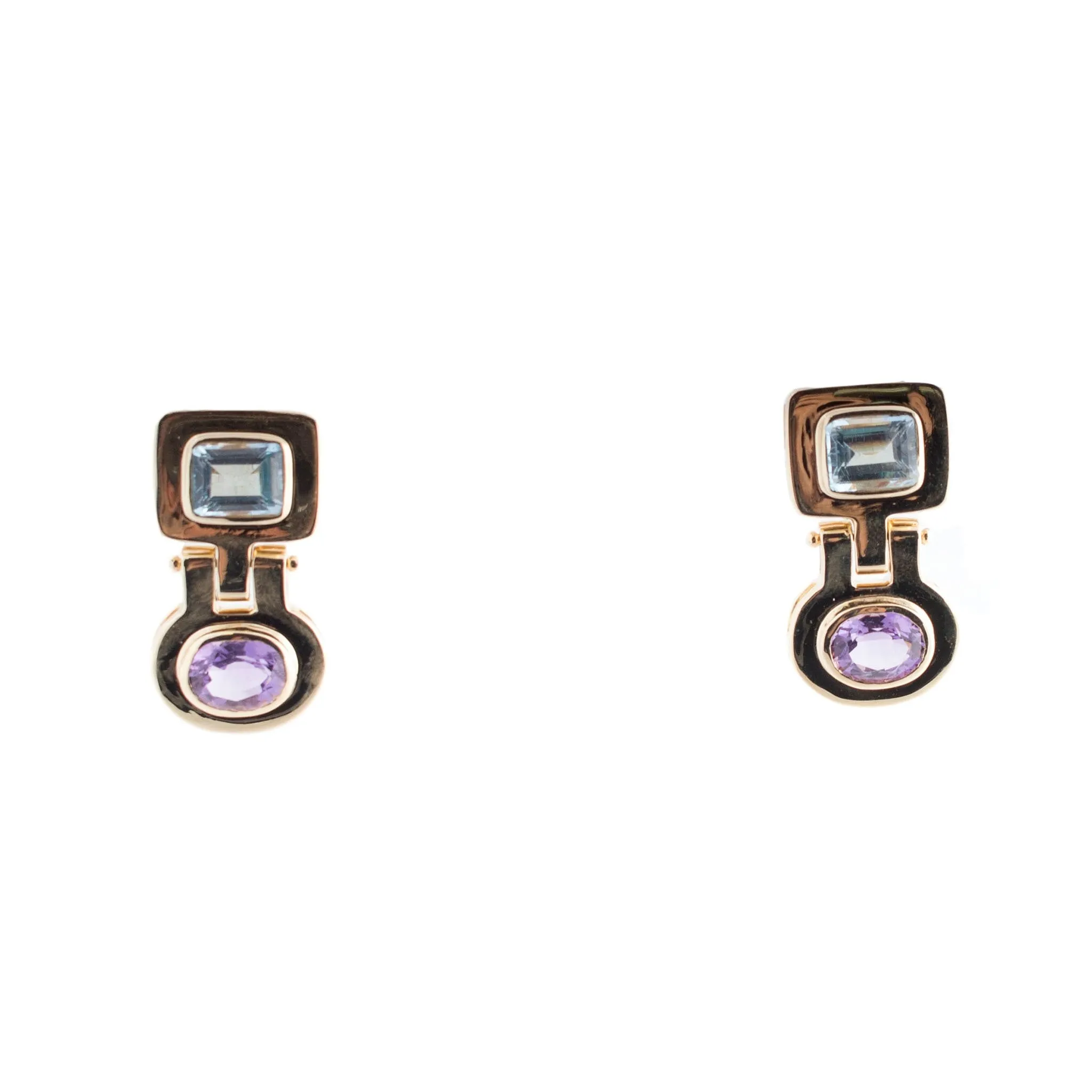 14K Gold Blue Topaz and Amethyst Geometric Earrings