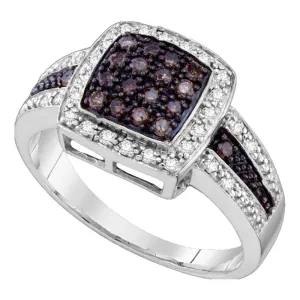 14kt White Gold Womens Round Brown Diamond Cluster Ring 1/2 Cttw - Size 6