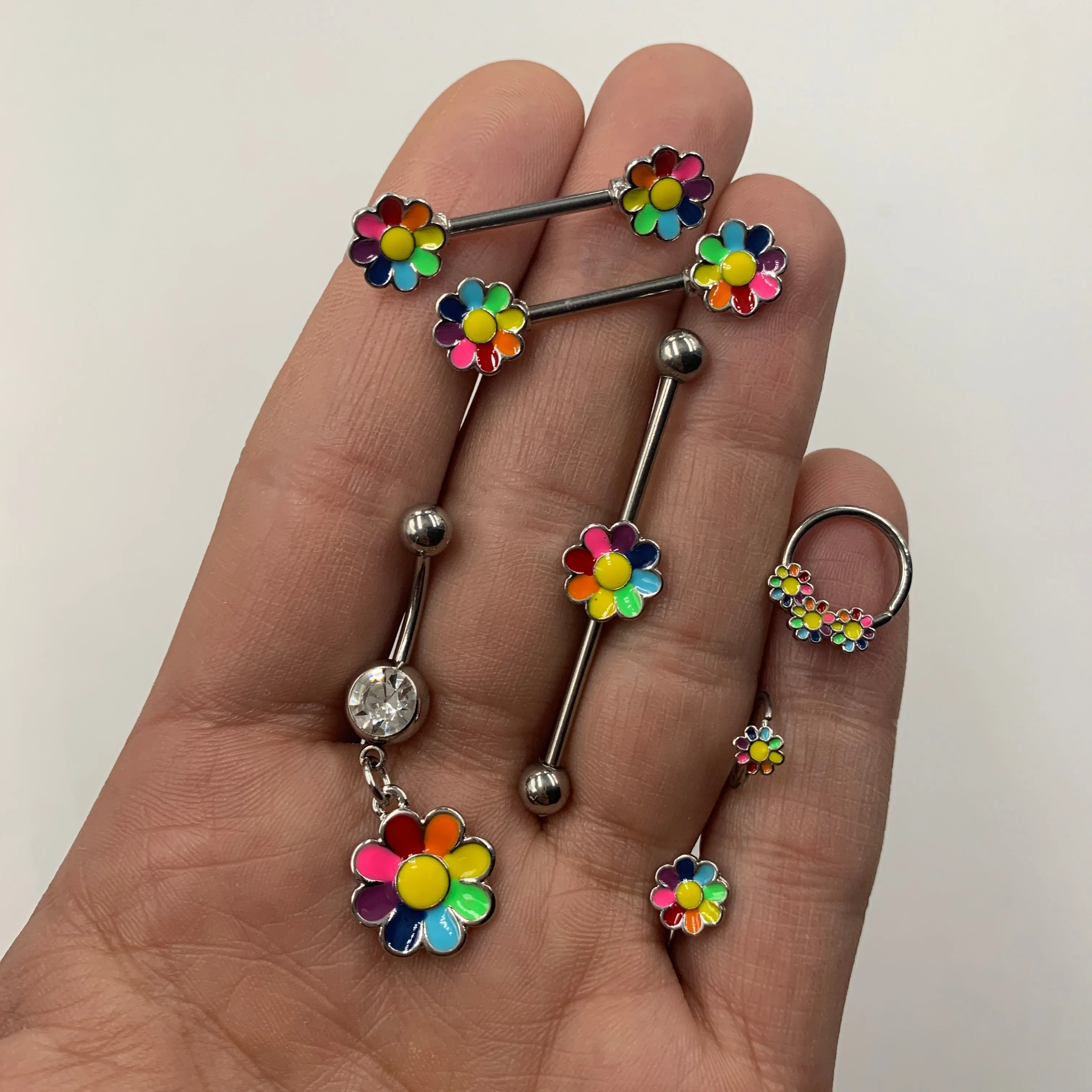 16 Gauge 3/8 Rainbow Hippie Flower Septum Ring