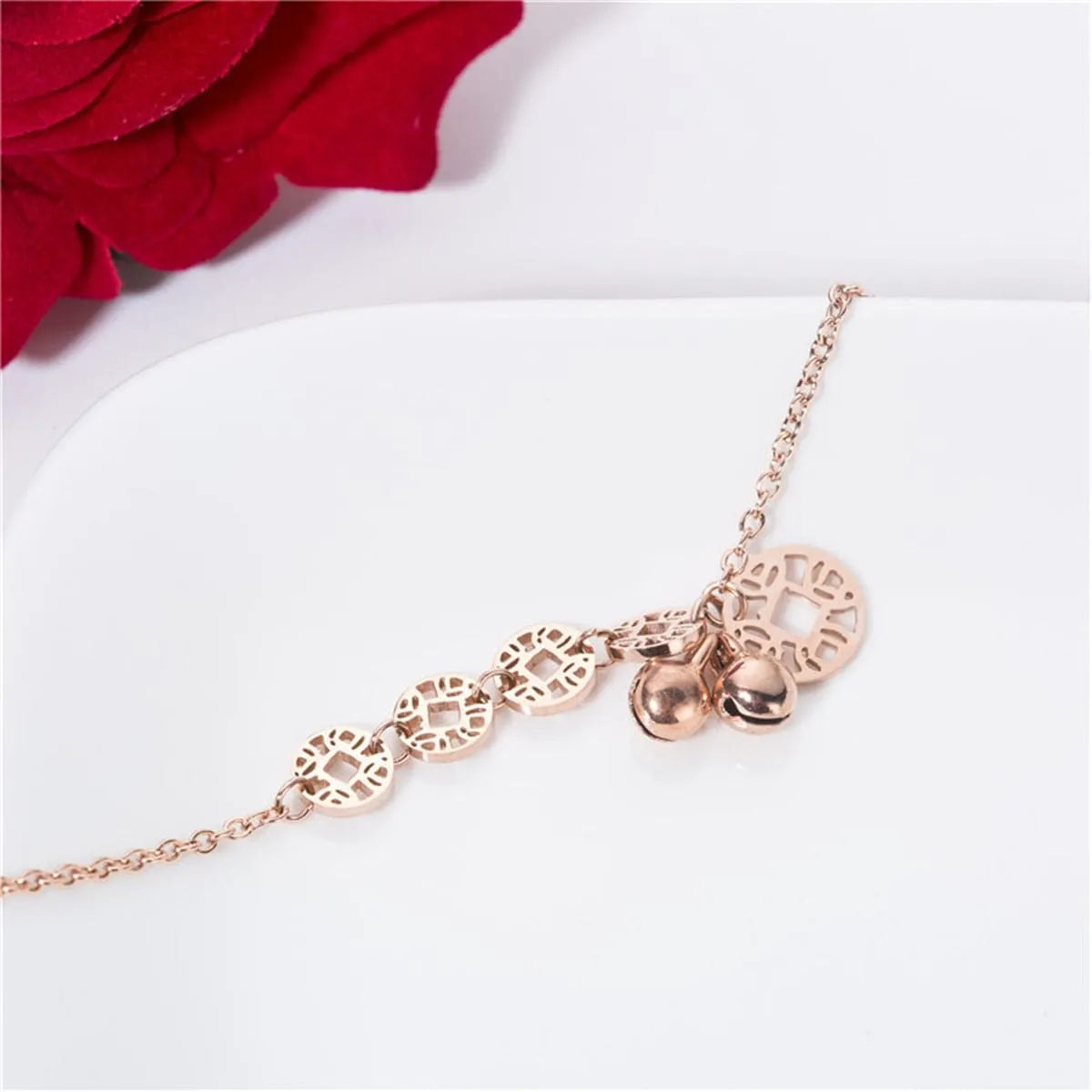 18K Rose Gold-Plated Coin & Bell Charm Anklet