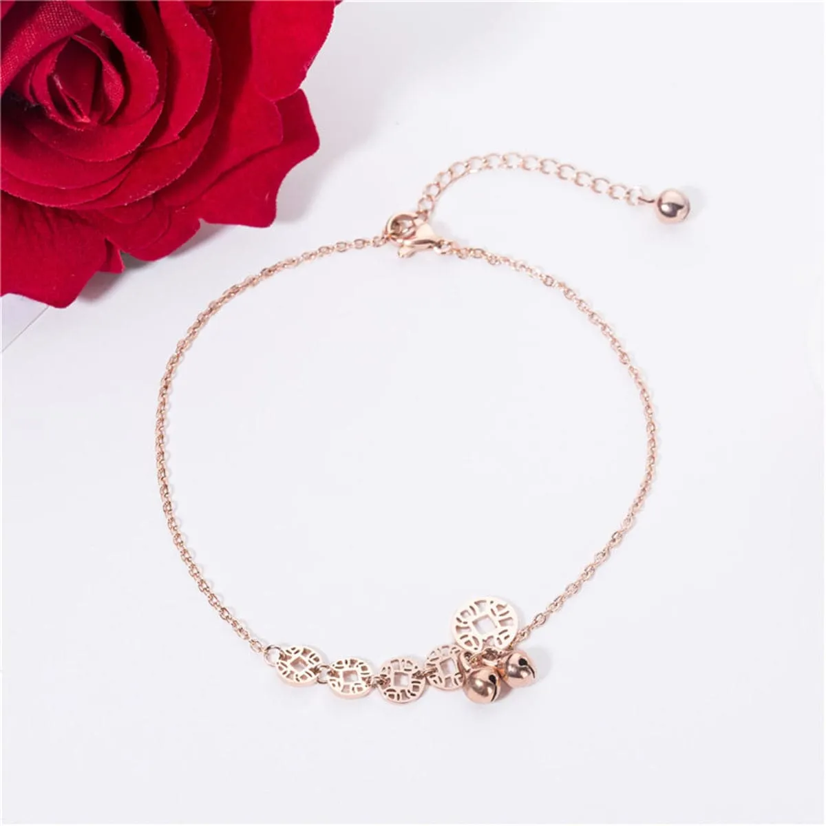 18K Rose Gold-Plated Coin & Bell Charm Anklet