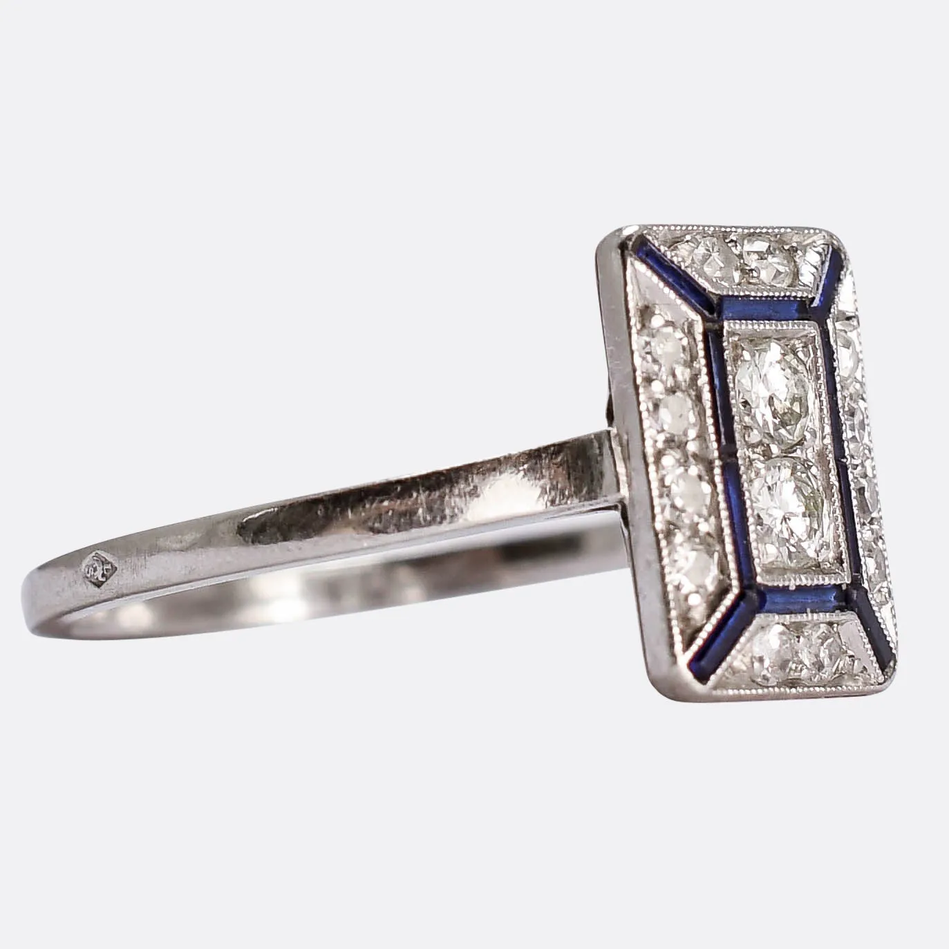 1920's French Diamond & Sapphire Geometric Cluster Ring