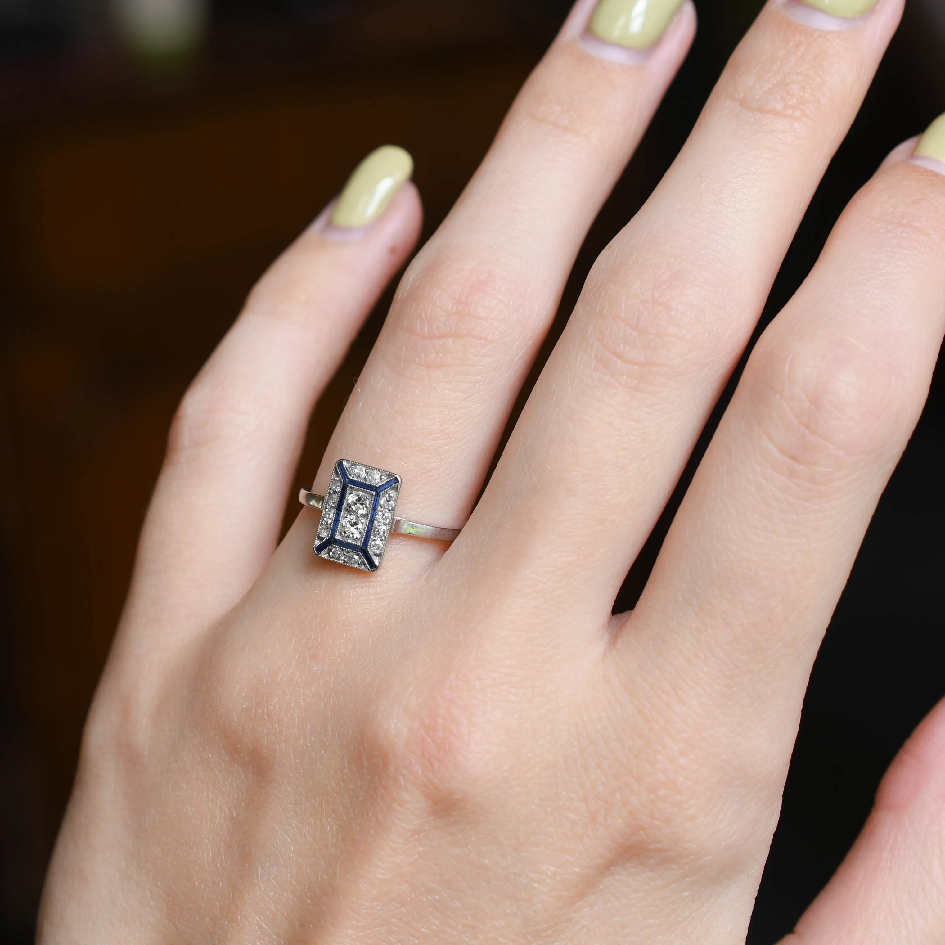 1920's French Diamond & Sapphire Geometric Cluster Ring