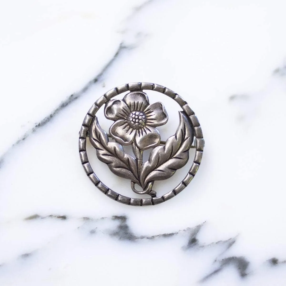 1940s Sterling Silver Flower  Medallion Brooch