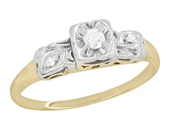 1940's Vintage Pansy Flower Diamond Engagement Ring in Two Tone 14 Karat Yellow and White Gold