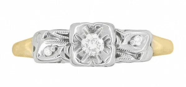 1940's Vintage Pansy Flower Diamond Engagement Ring in Two Tone 14 Karat Yellow and White Gold