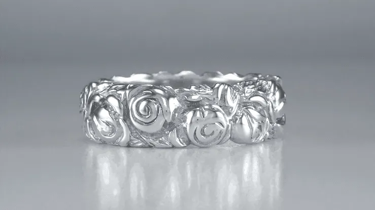 1960's Engraved Roses Wide Retro Band in Sterling Silver