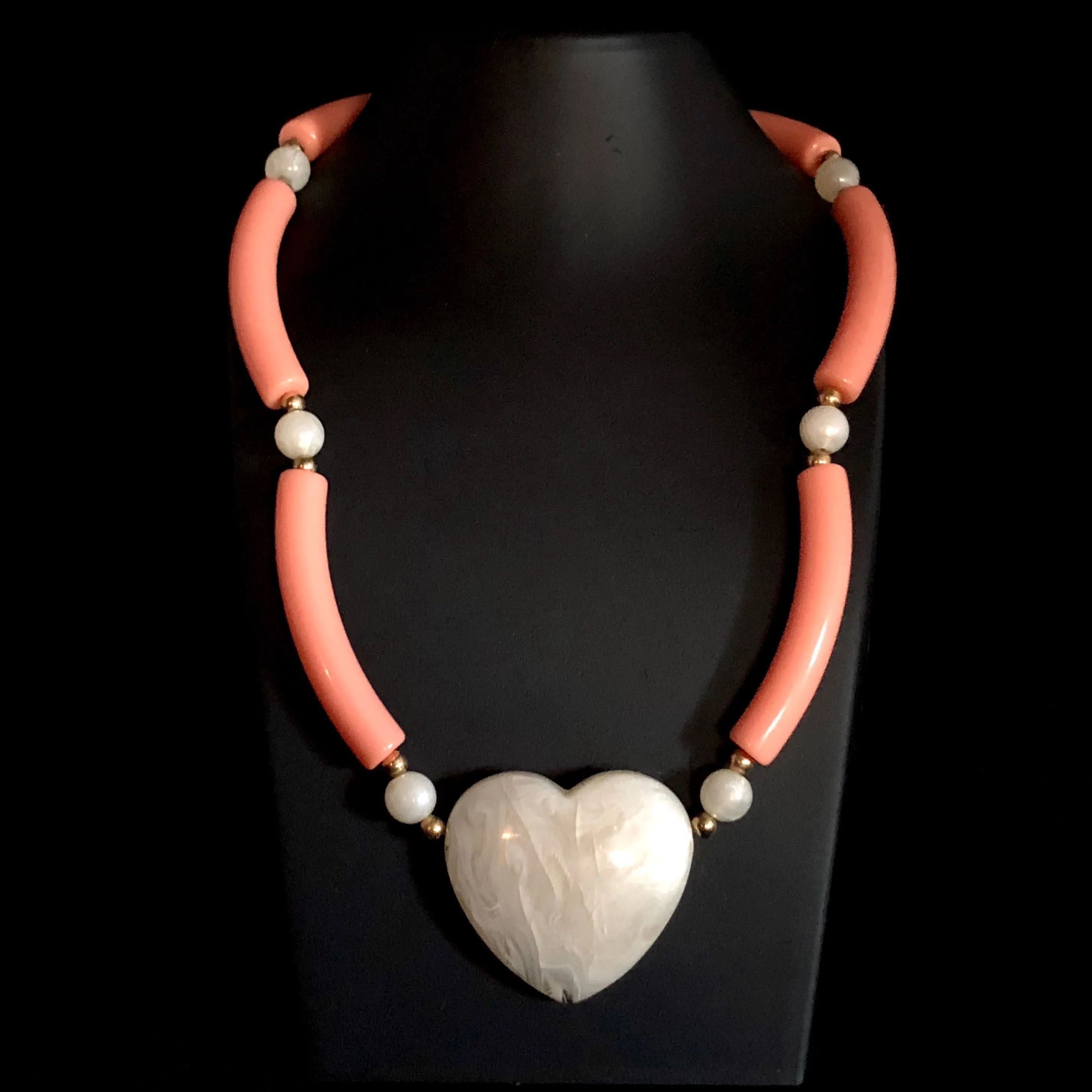 1988 Avon Modern Heart Necklace, Peach/White