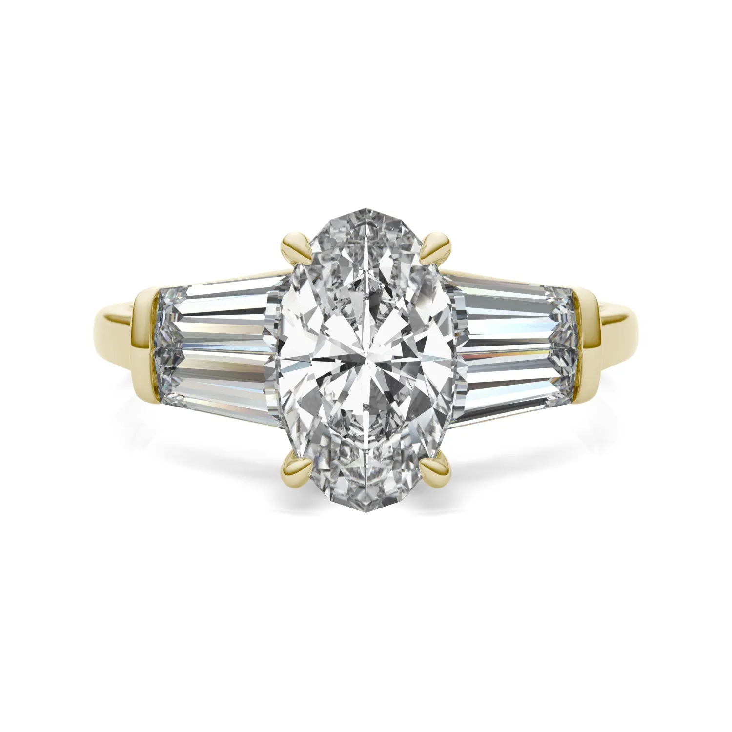 3.46 CTW DEW Elongated Oval Moissanite Five Stone Ring in 14K Yellow Gold