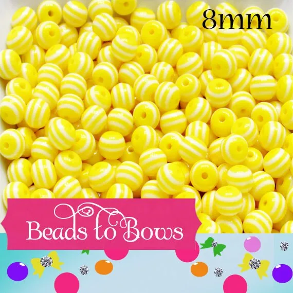 8mm Yellow Bubblegum Striped Beads, Striped 8mm Bubblegum Beads, Chunky Gumball Beads, Bubblegum Necklace Supply Bead, Chunky Gumball Bead