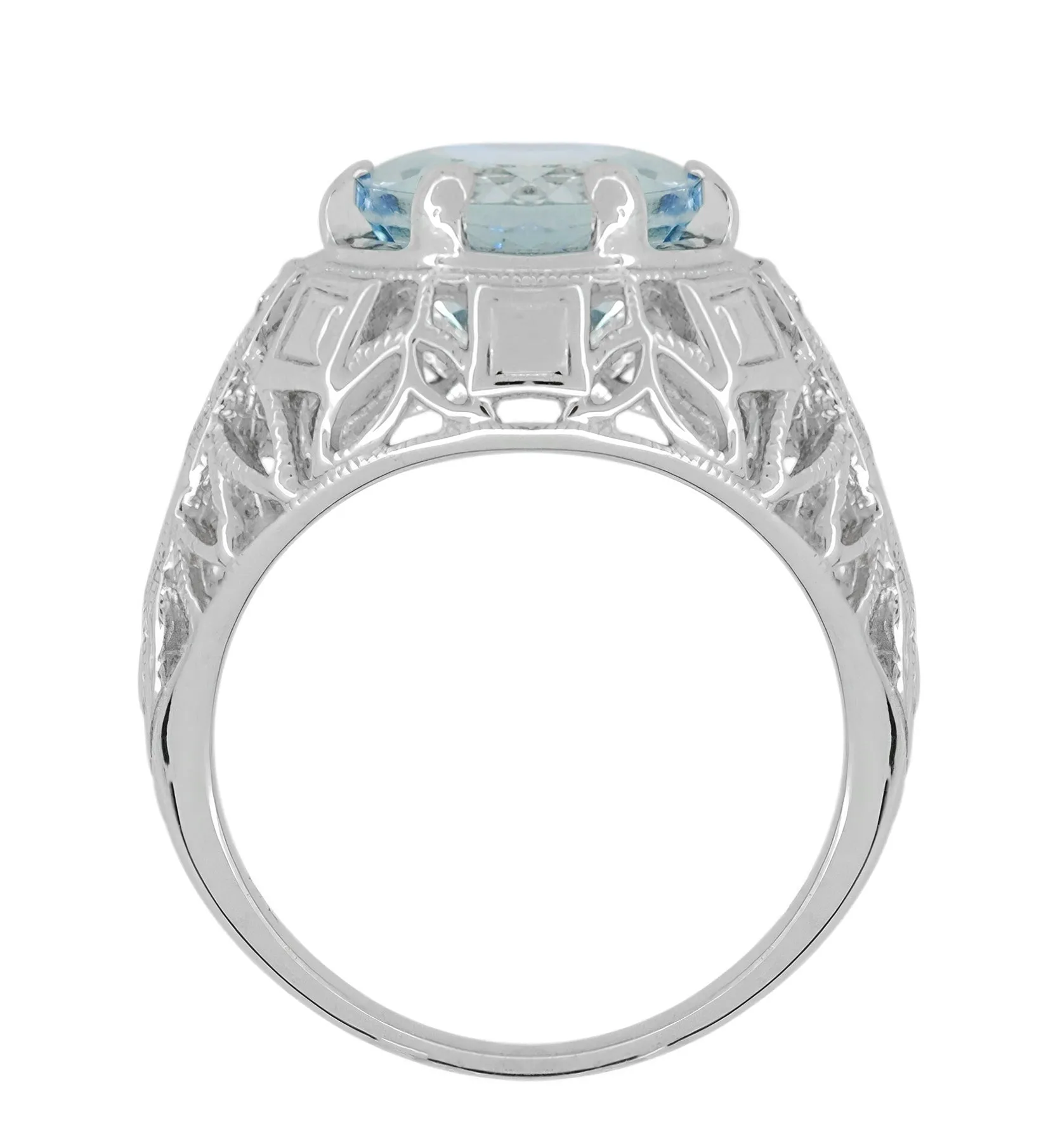 Art Deco Filigree Aquamarine and Diamonds Dome Statement Ring in 14 Karat White Gold