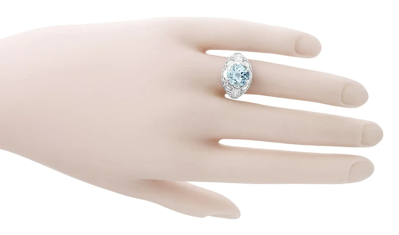 Art Deco Filigree Aquamarine and Diamonds Dome Statement Ring in 14 Karat White Gold
