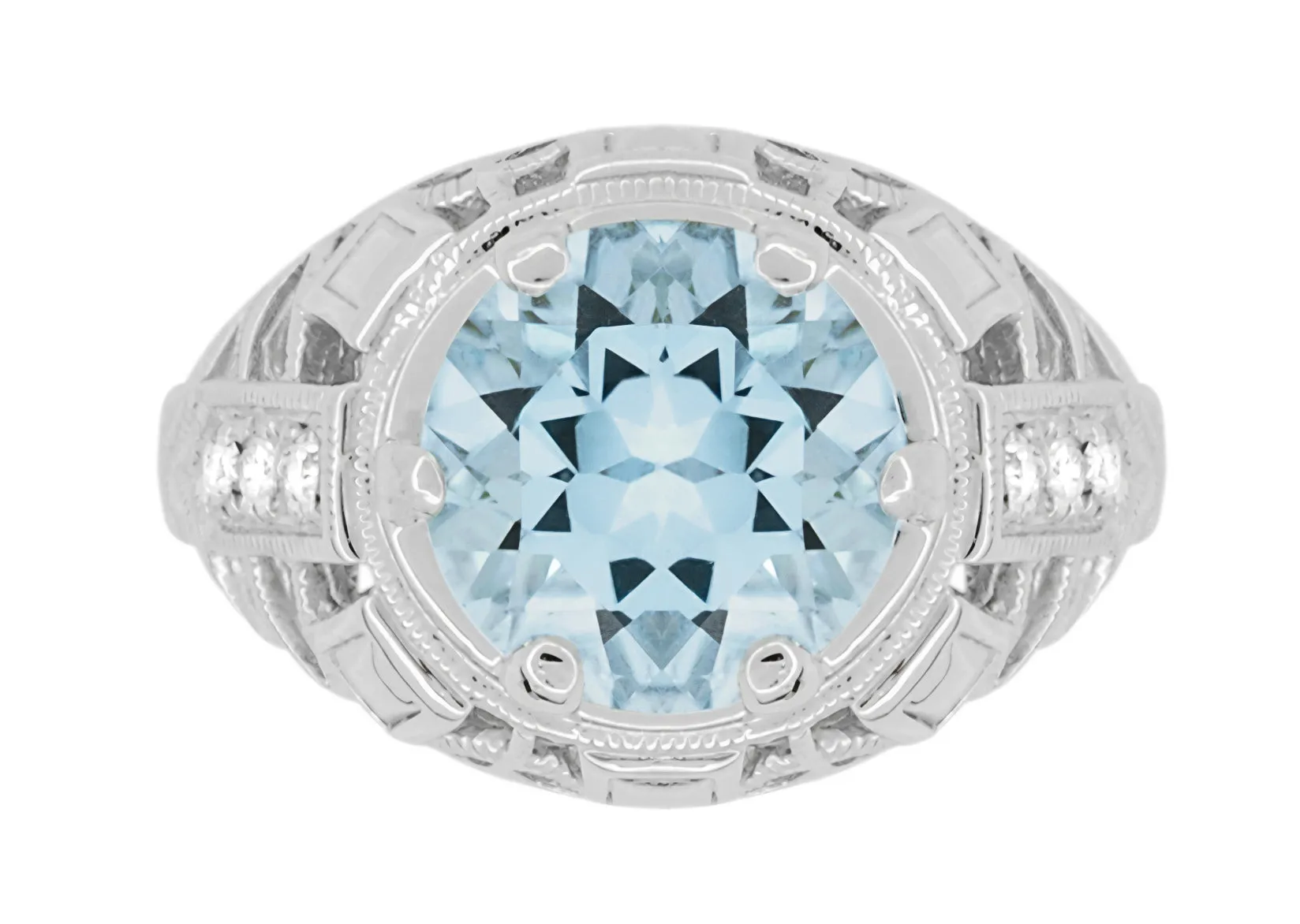 Art Deco Filigree Aquamarine and Diamonds Dome Statement Ring in 14 Karat White Gold
