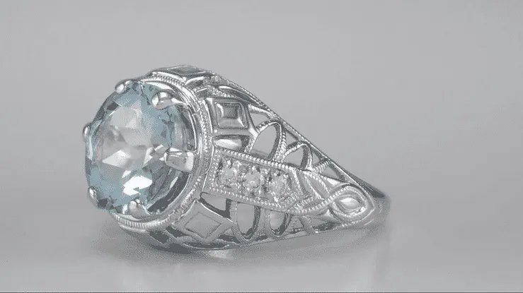 Art Deco Filigree Aquamarine and Diamonds Dome Statement Ring in 14 Karat White Gold