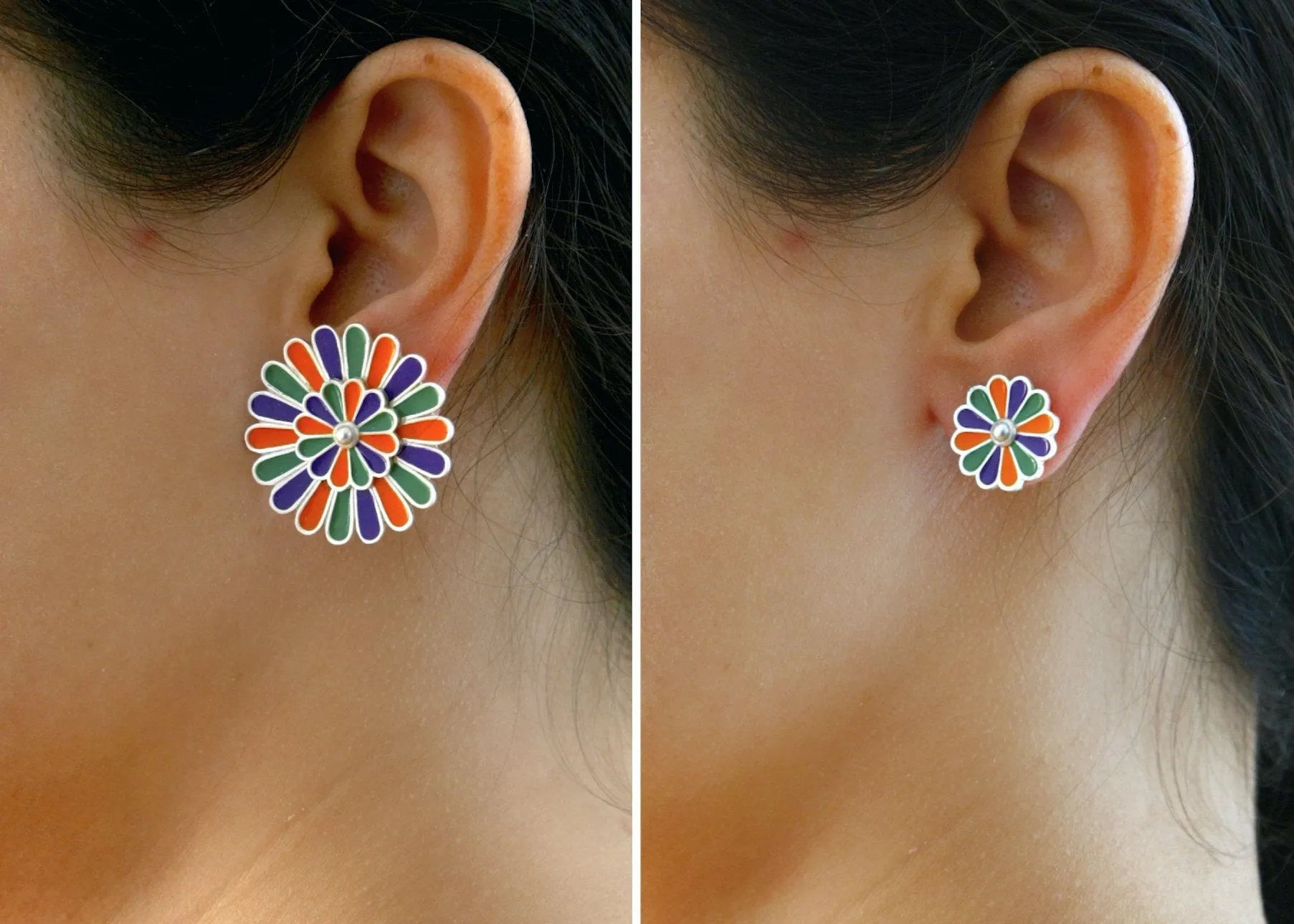 Artistic, modular earrings with removal enamel floral studs in center