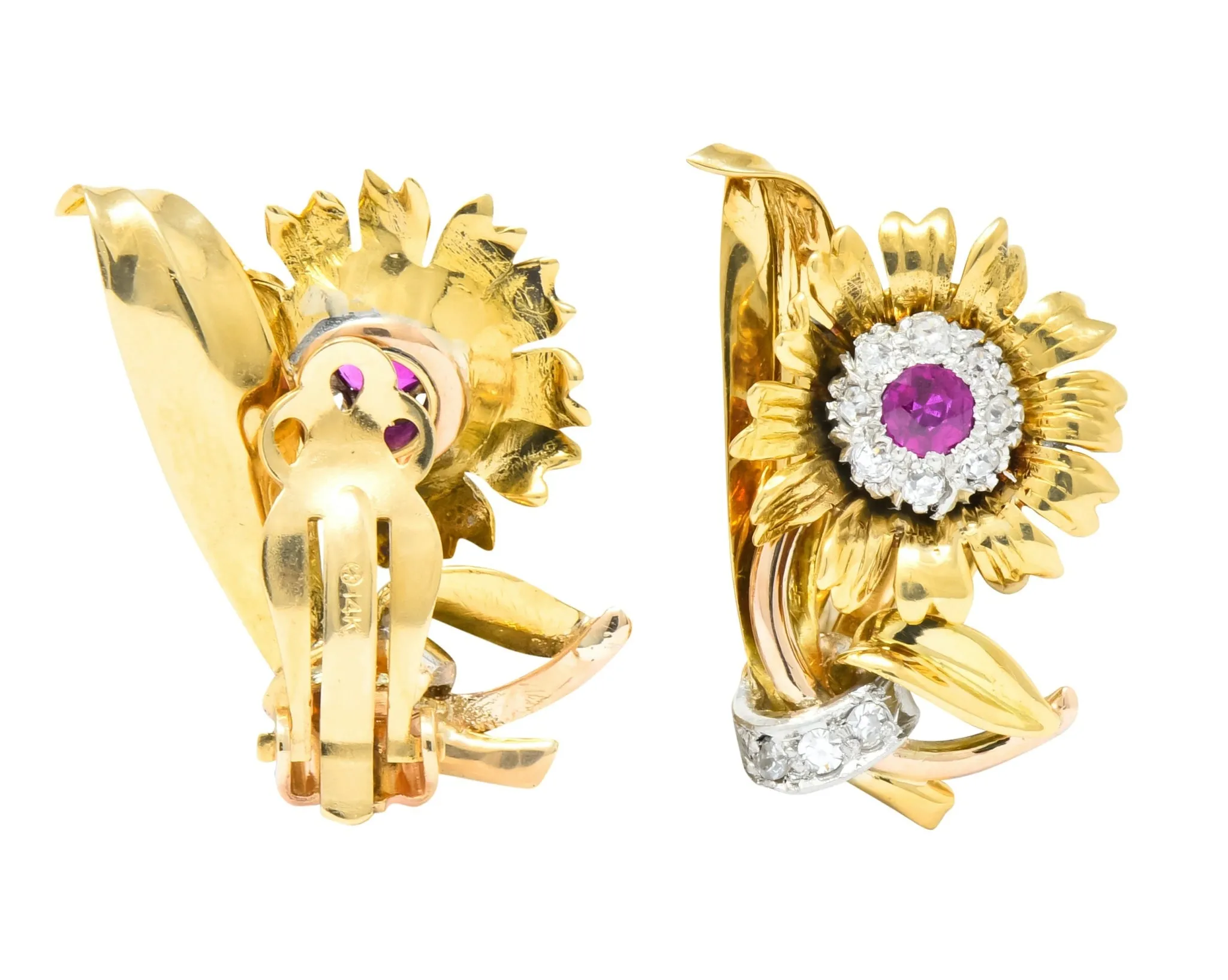 Bernard Weber Retro 1.13 CTW Ruby Diamond Platinum-Topped Flower Ear-Clip Earrings