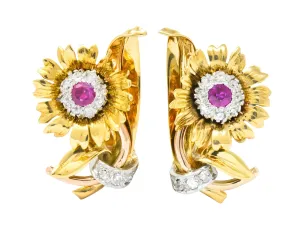 Bernard Weber Retro 1.13 CTW Ruby Diamond Platinum-Topped Flower Ear-Clip Earrings
