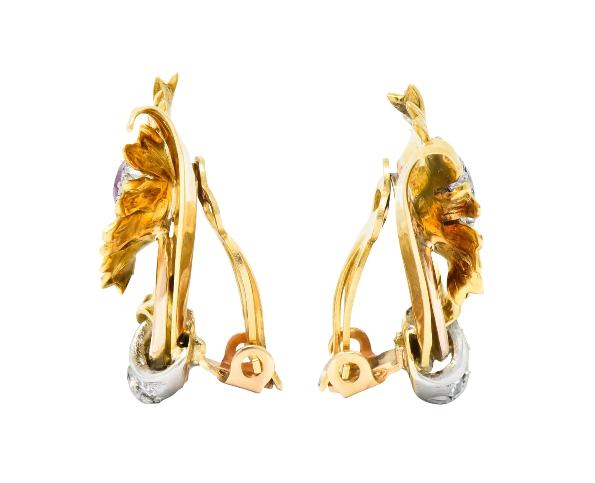 Bernard Weber Retro 1.13 CTW Ruby Diamond Platinum-Topped Flower Ear-Clip Earrings