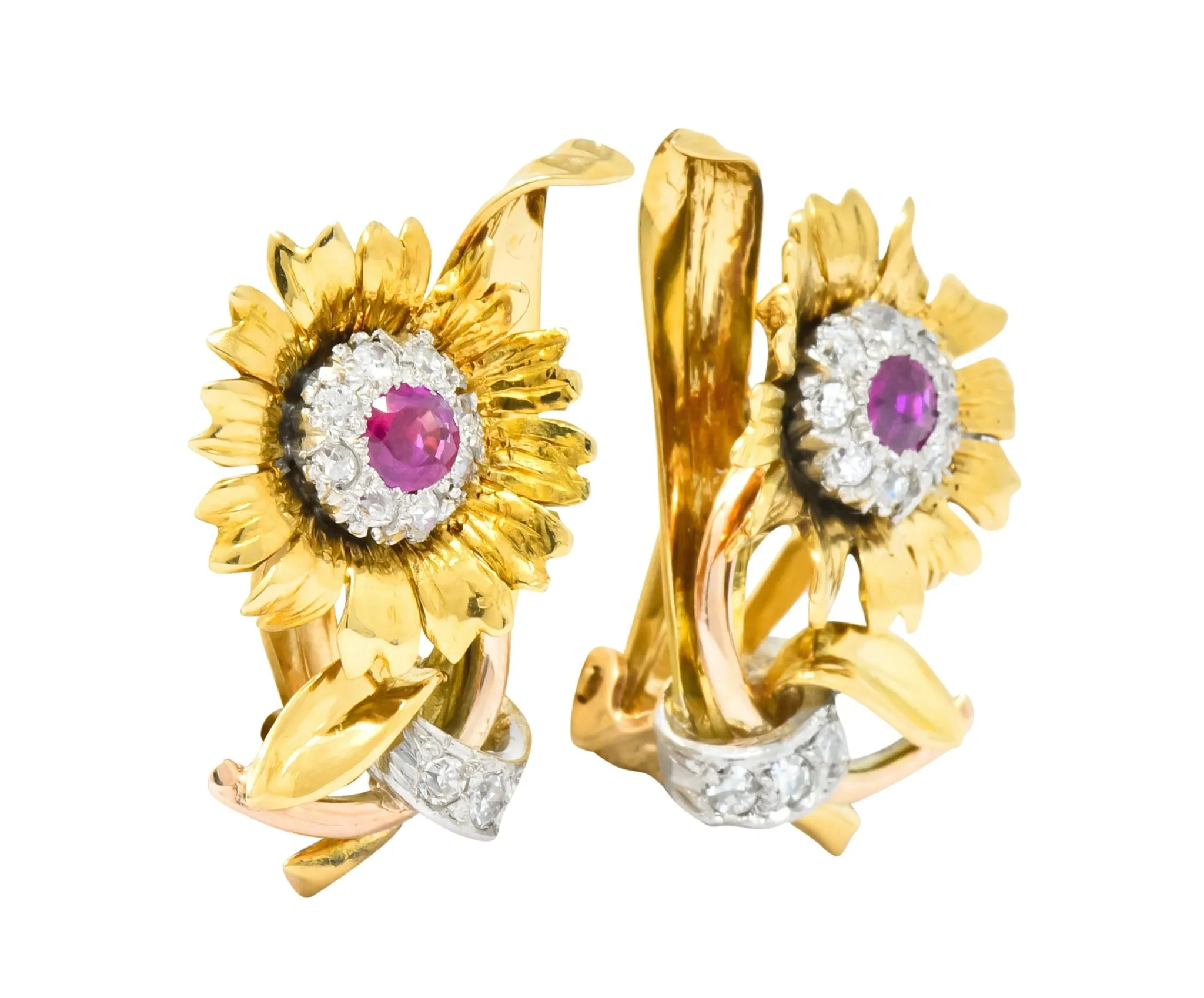 Bernard Weber Retro 1.13 CTW Ruby Diamond Platinum-Topped Flower Ear-Clip Earrings
