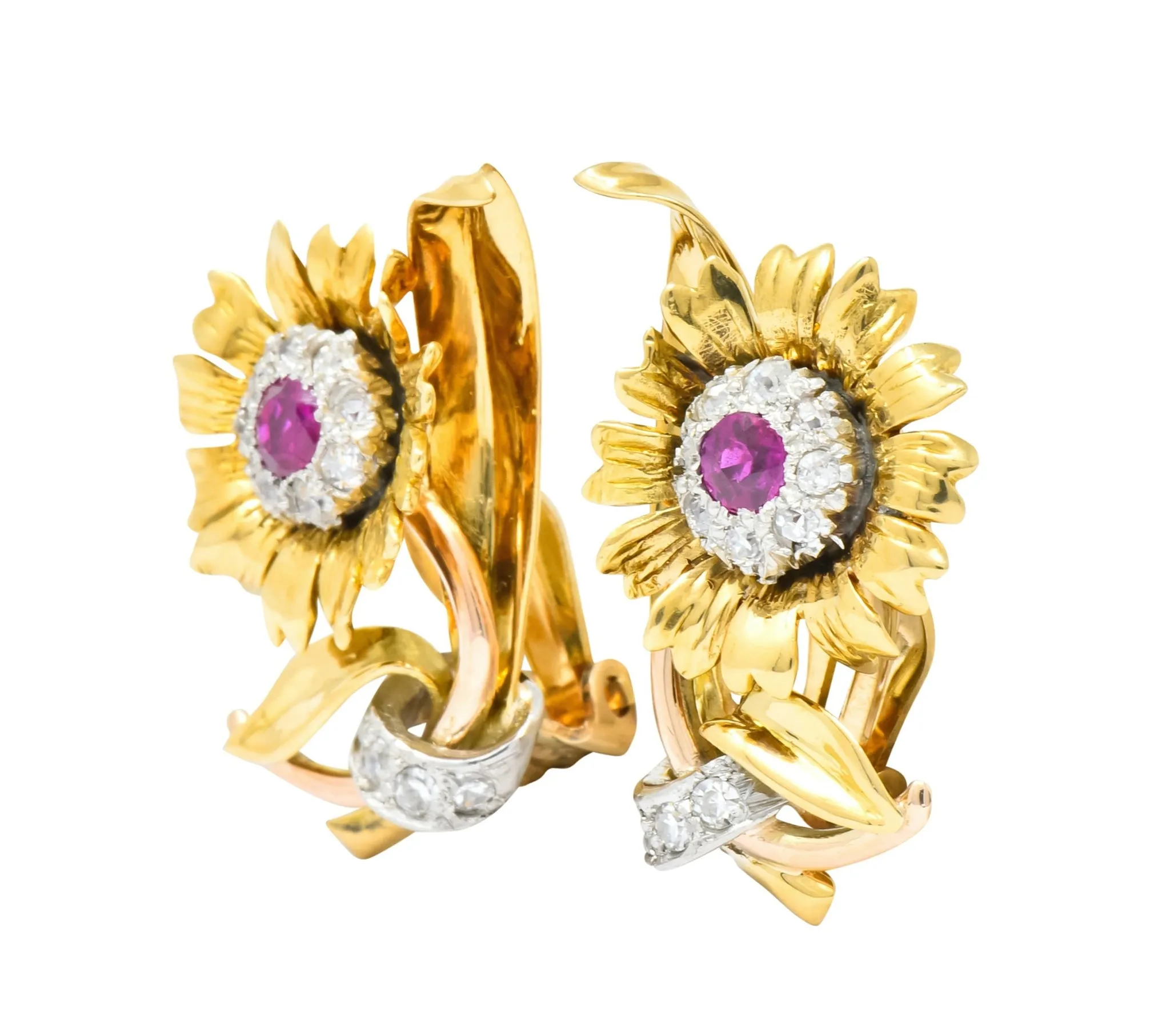 Bernard Weber Retro 1.13 CTW Ruby Diamond Platinum-Topped Flower Ear-Clip Earrings