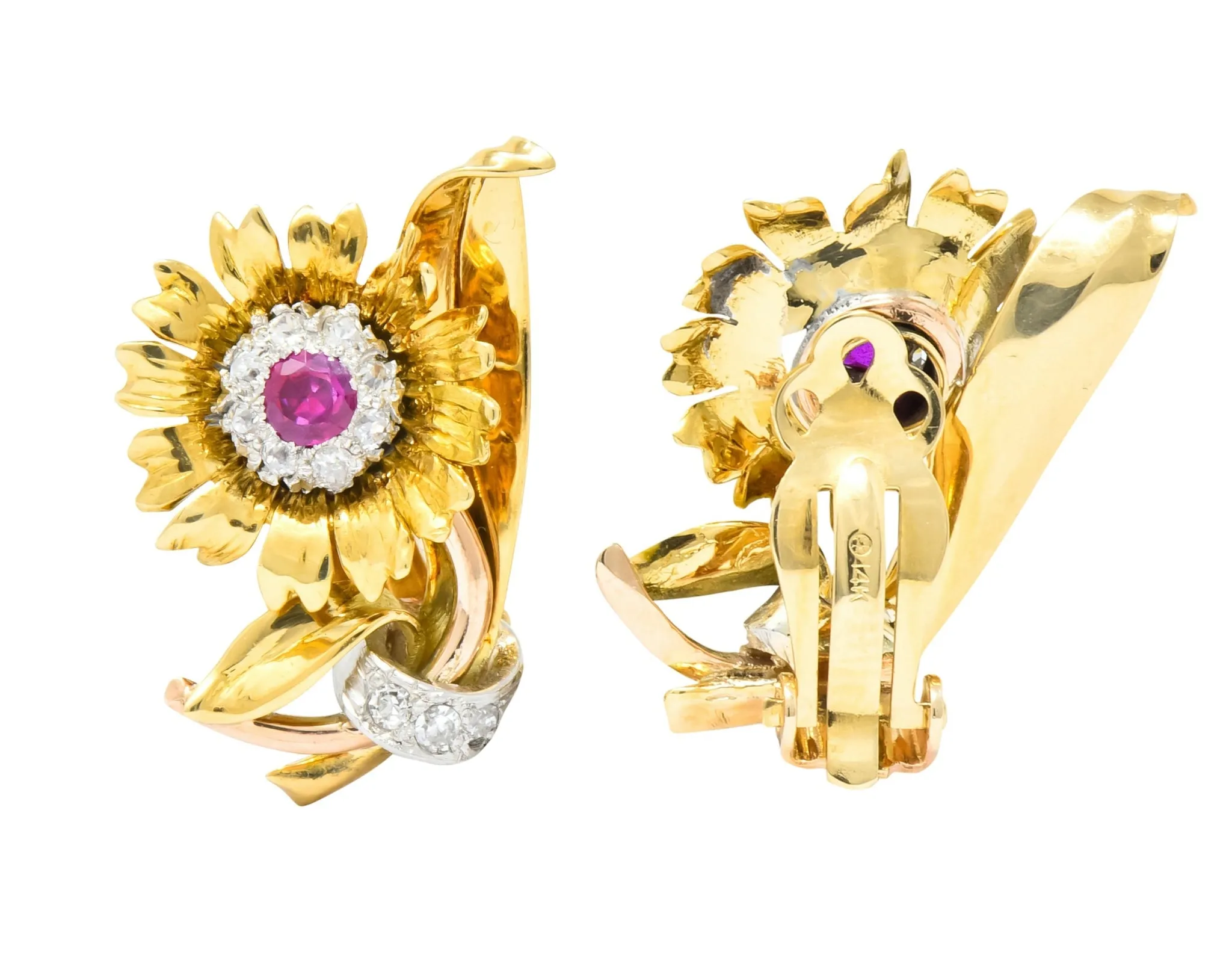 Bernard Weber Retro 1.13 CTW Ruby Diamond Platinum-Topped Flower Ear-Clip Earrings