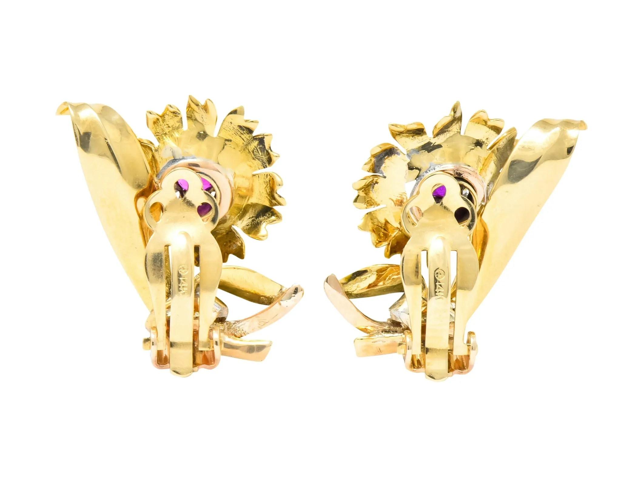 Bernard Weber Retro 1.13 CTW Ruby Diamond Platinum-Topped Flower Ear-Clip Earrings