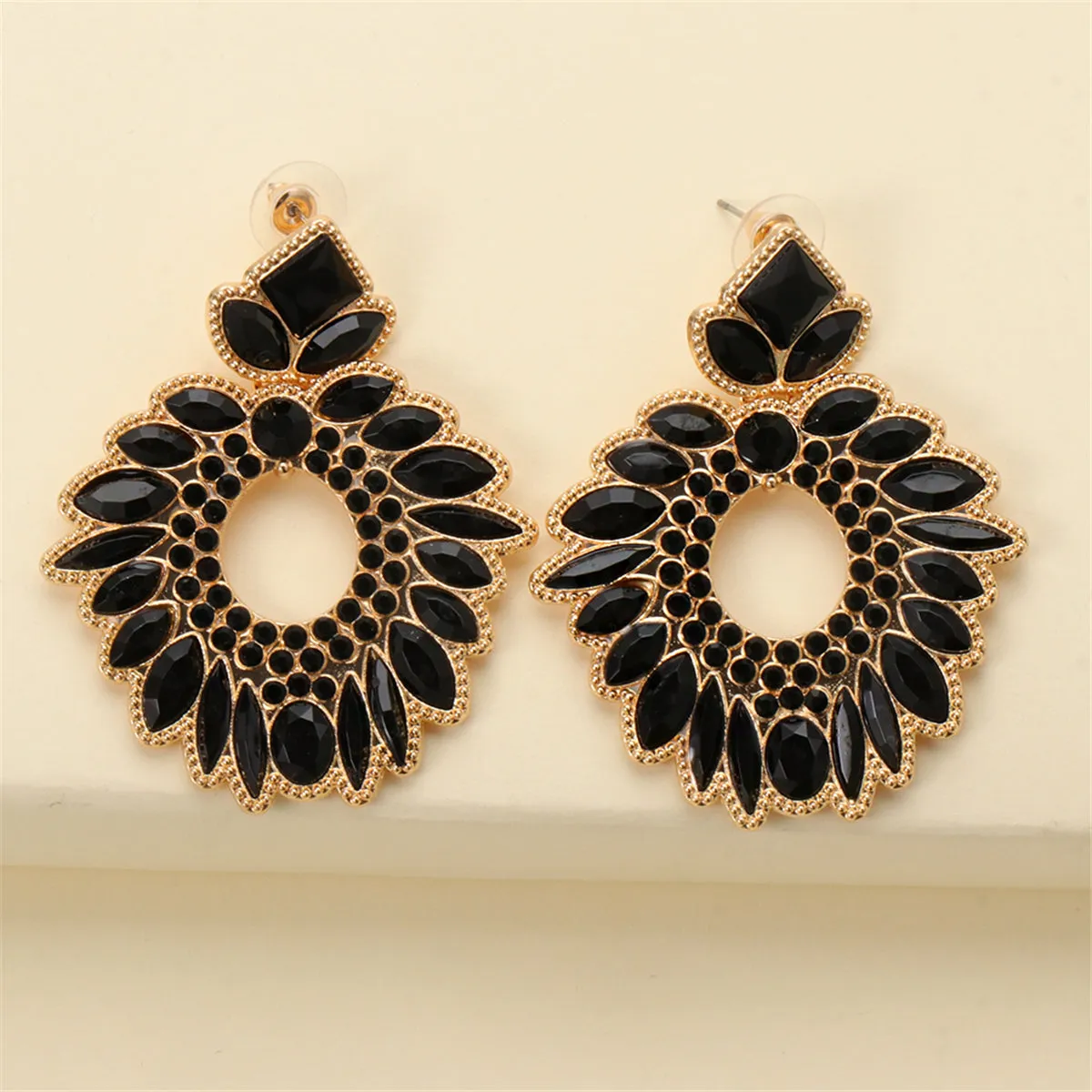 Black Crystal & Cubic Zirconia Geometric Drop Earrings