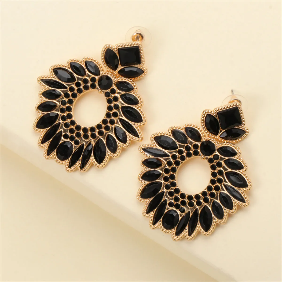 Black Crystal & Cubic Zirconia Geometric Drop Earrings