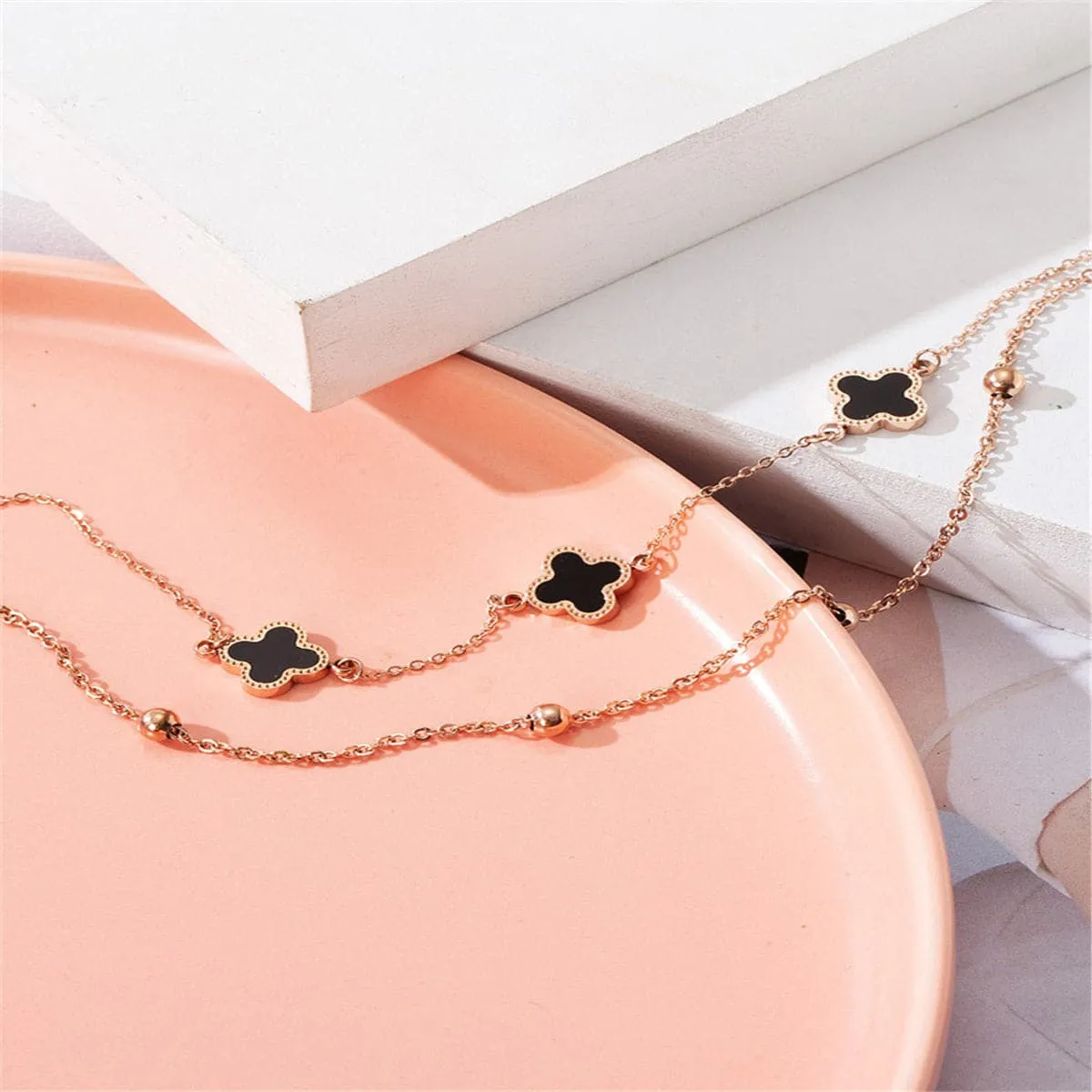 Black Enamel & 18K Rose Gold-Plated Clover Station Layered Anklet