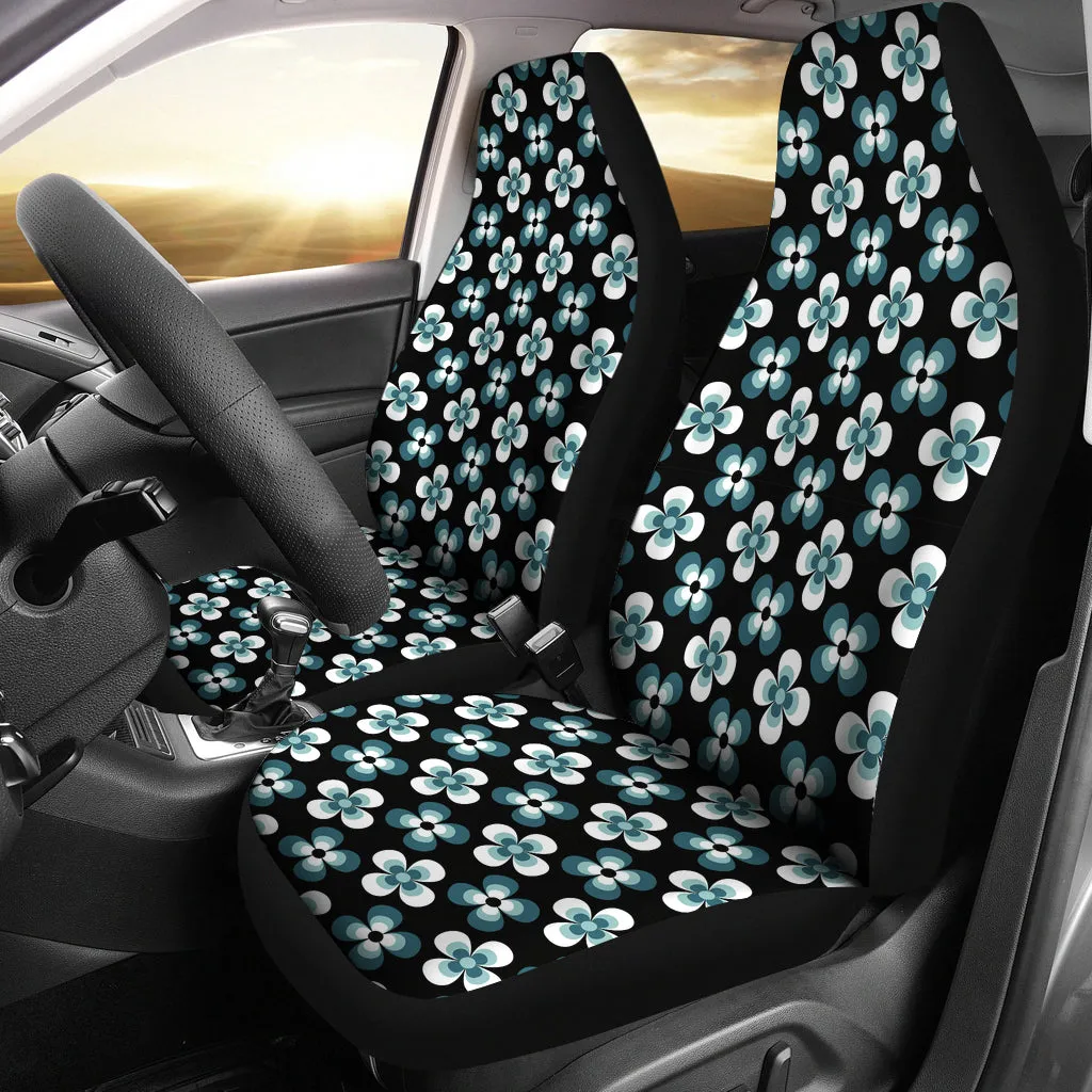 Black With Teal Retro Hippie Flower Pattern Car Seat Covers Set