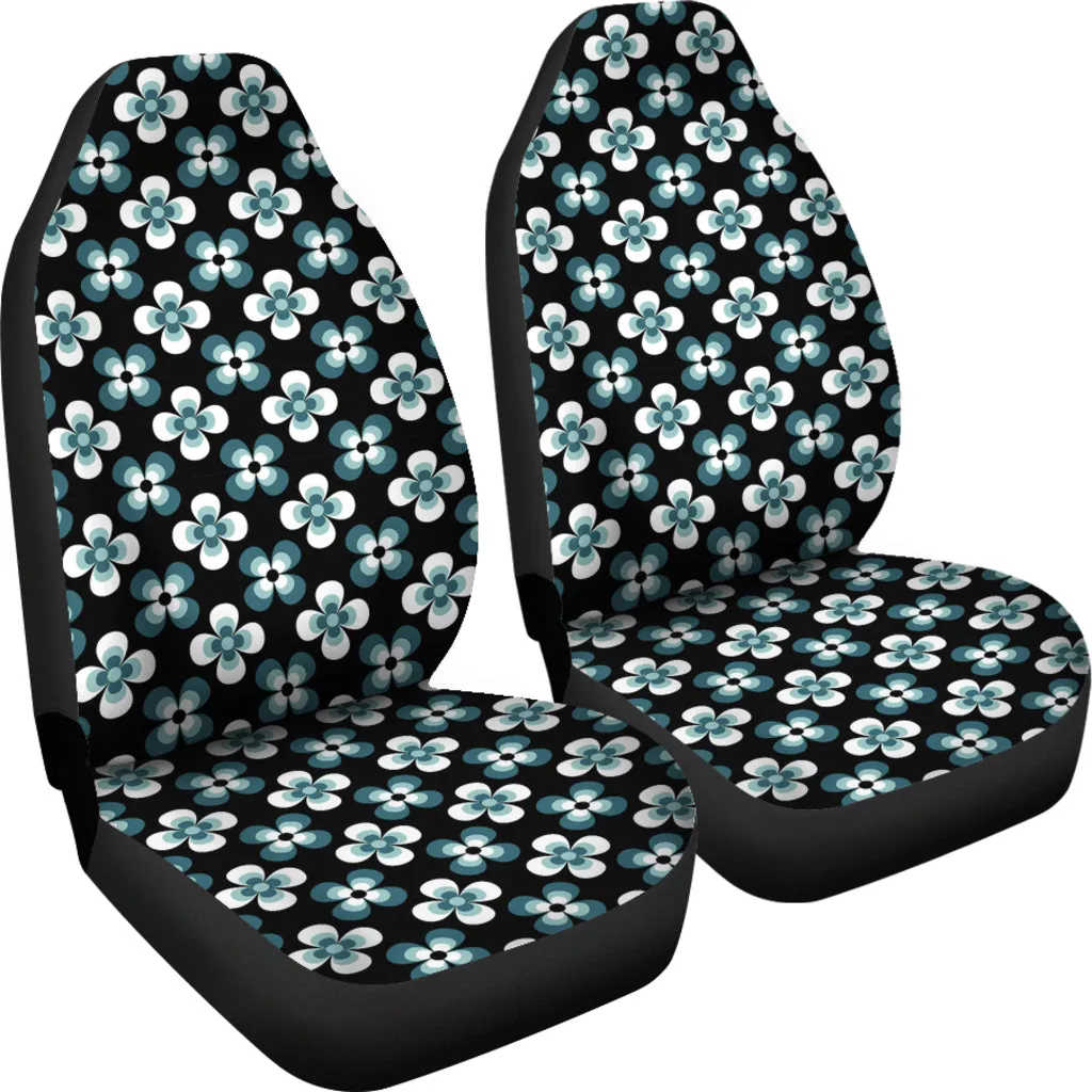 Black With Teal Retro Hippie Flower Pattern Car Seat Covers Set