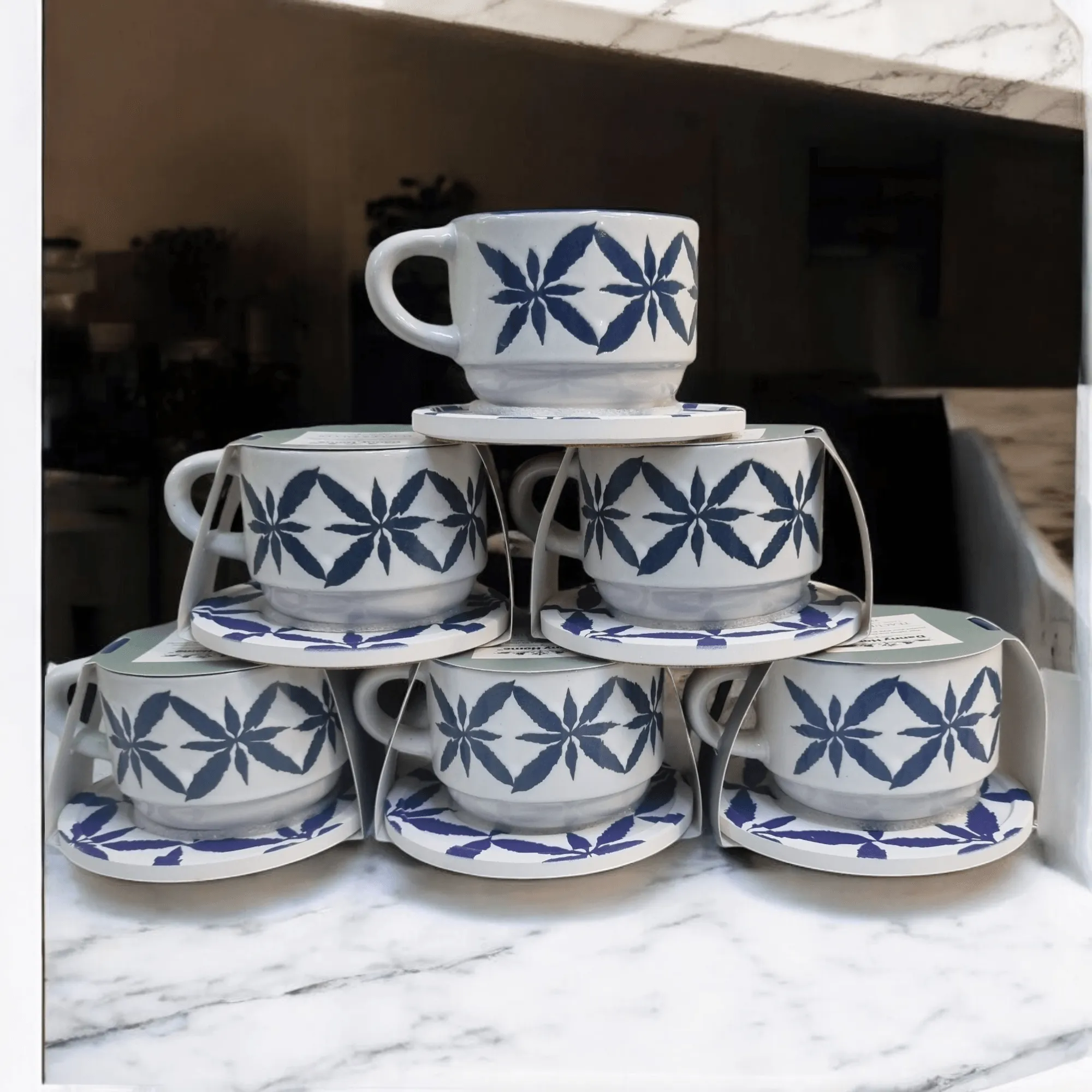 Blue and White Artistic Patterns - Ceramic Mugs with Coasters