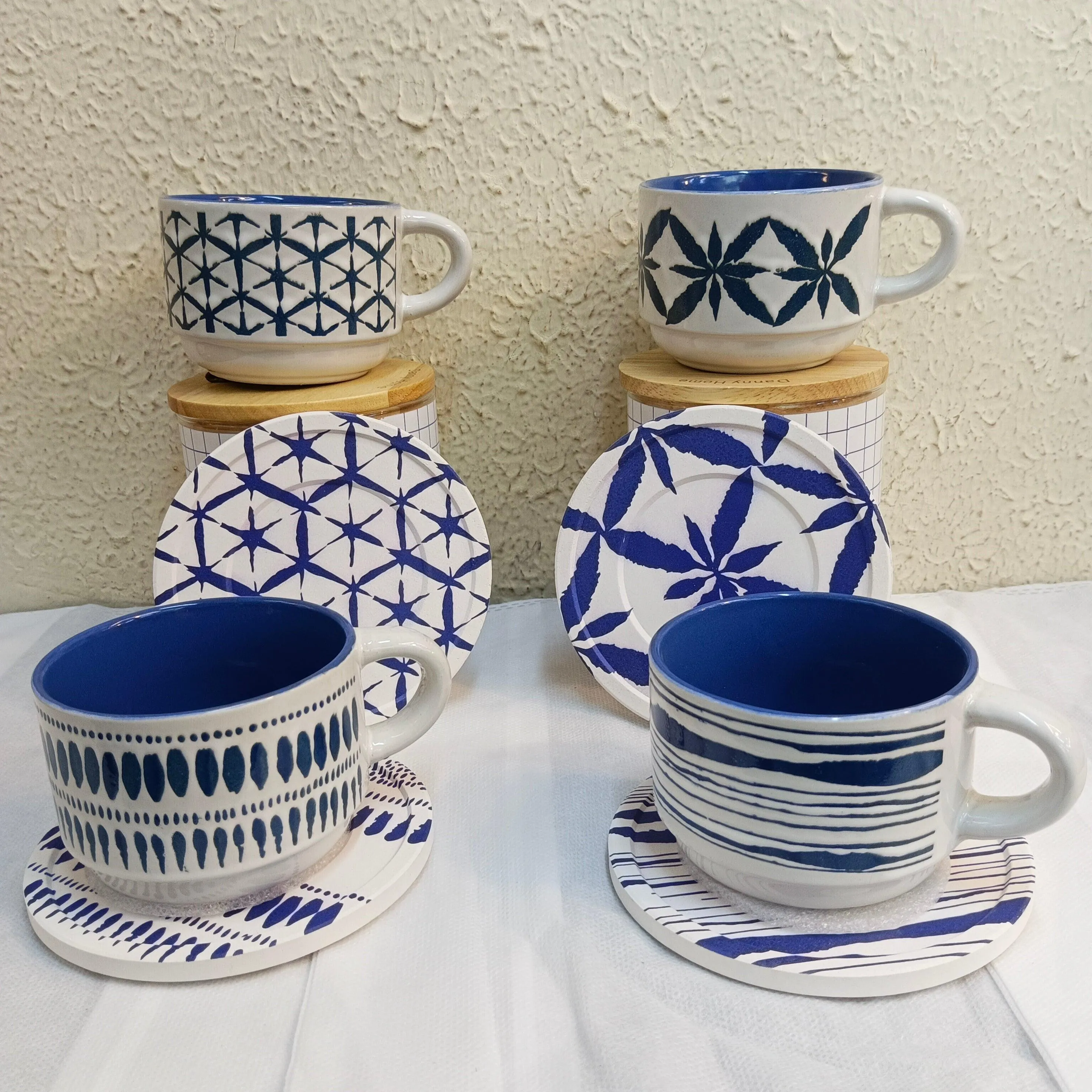 Blue and White Artistic Patterns - Ceramic Mugs with Coasters