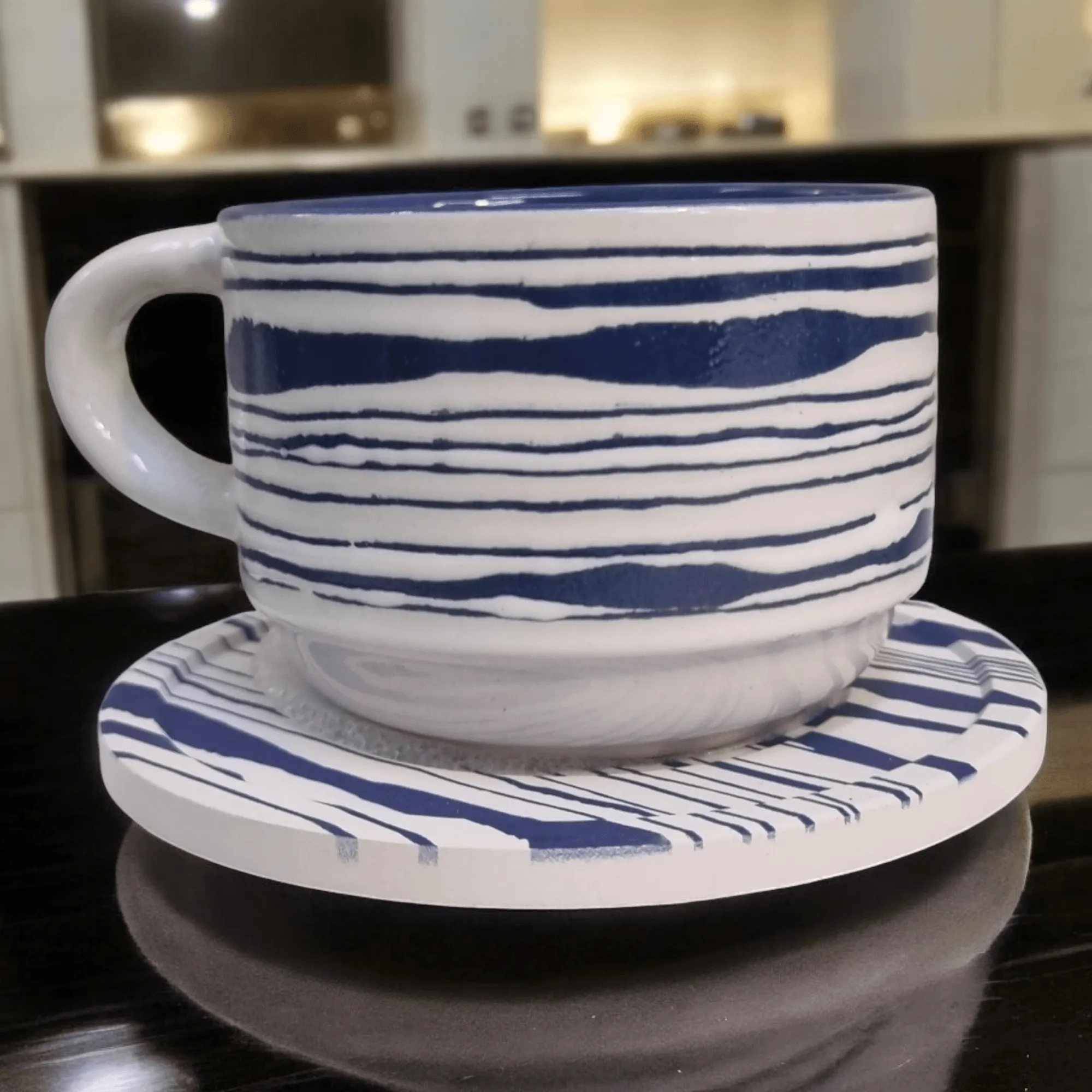 Blue and White Artistic Patterns - Ceramic Mugs with Coasters