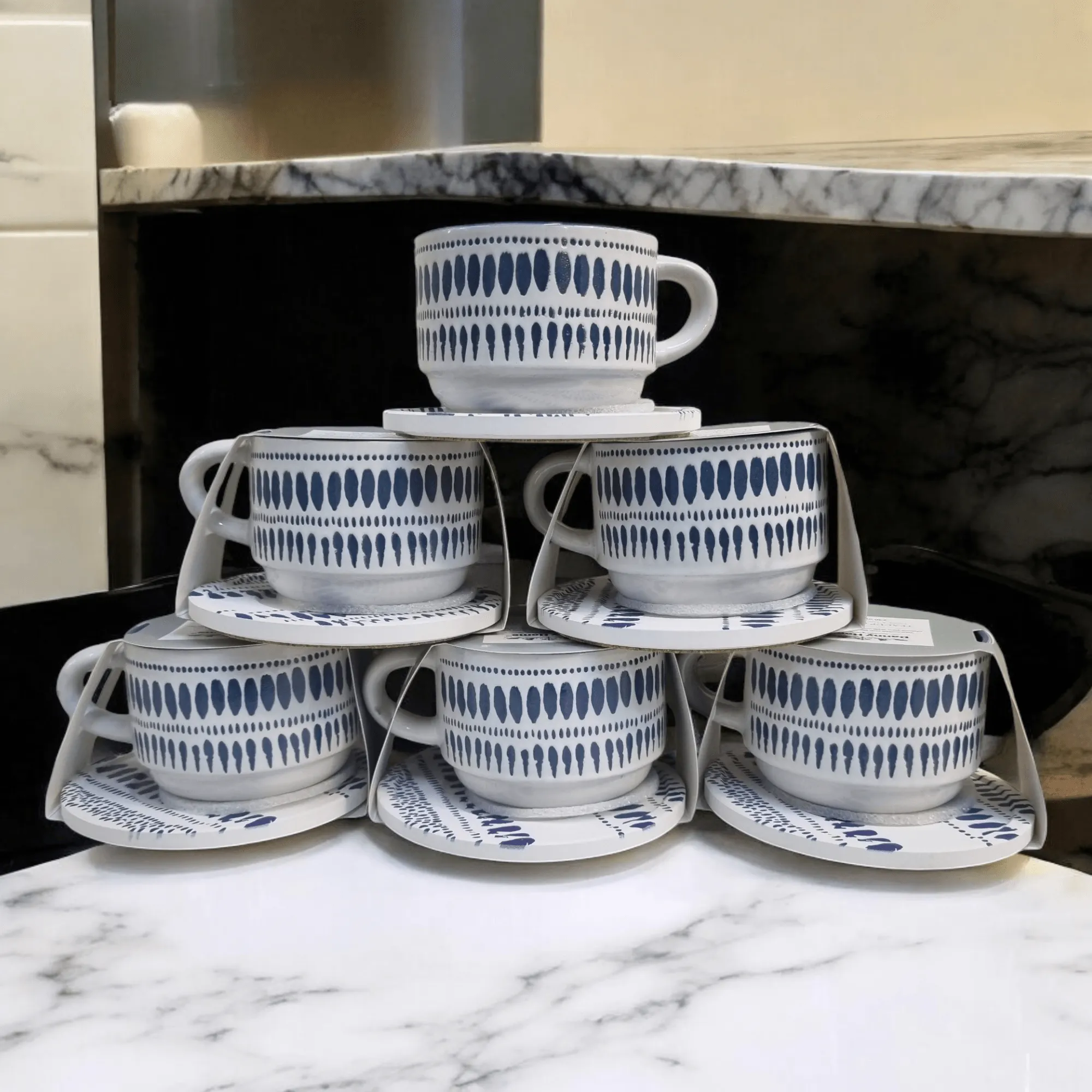 Blue and White Artistic Patterns - Ceramic Mugs with Coasters