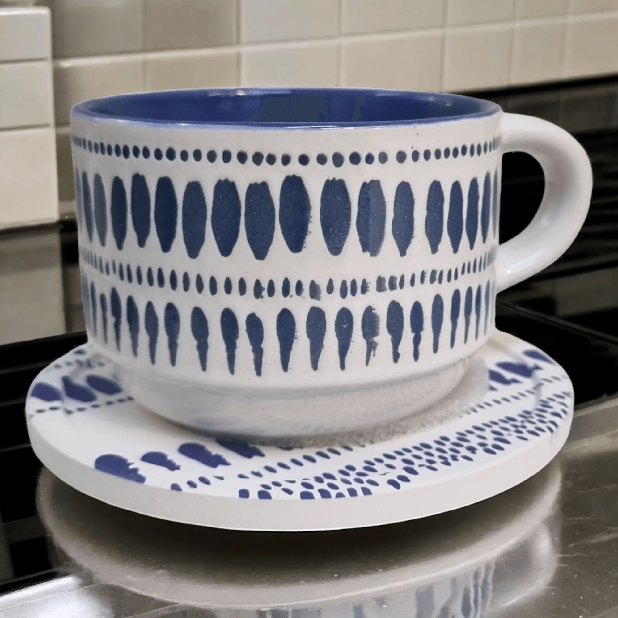 Blue and White Artistic Patterns - Ceramic Mugs with Coasters
