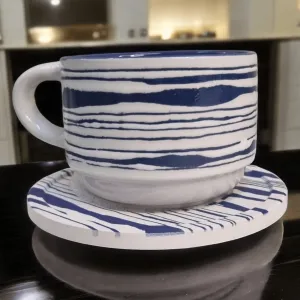 Blue and White Artistic Patterns - Ceramic Mugs with Coasters