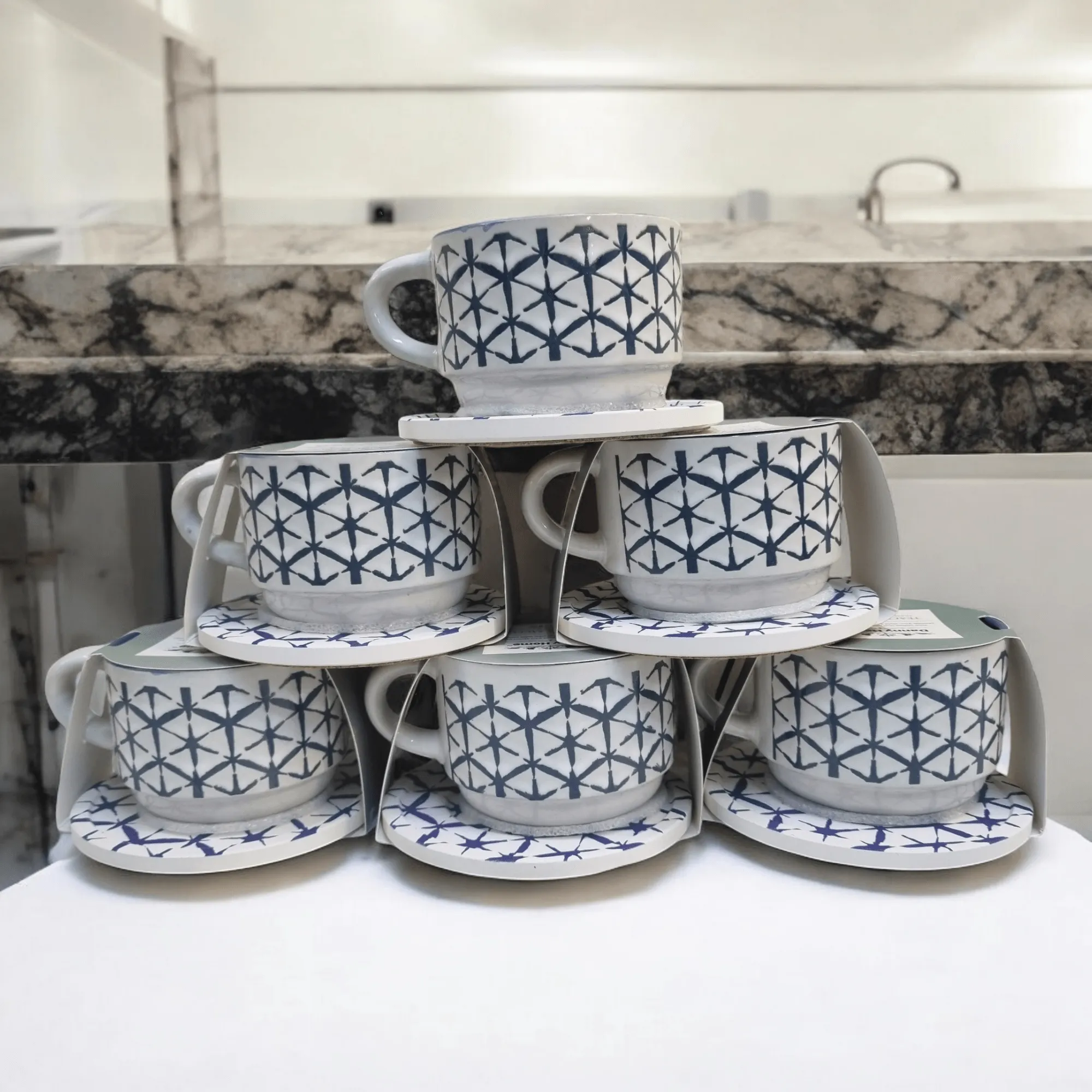 Blue and White Artistic Patterns - Ceramic Mugs with Coasters