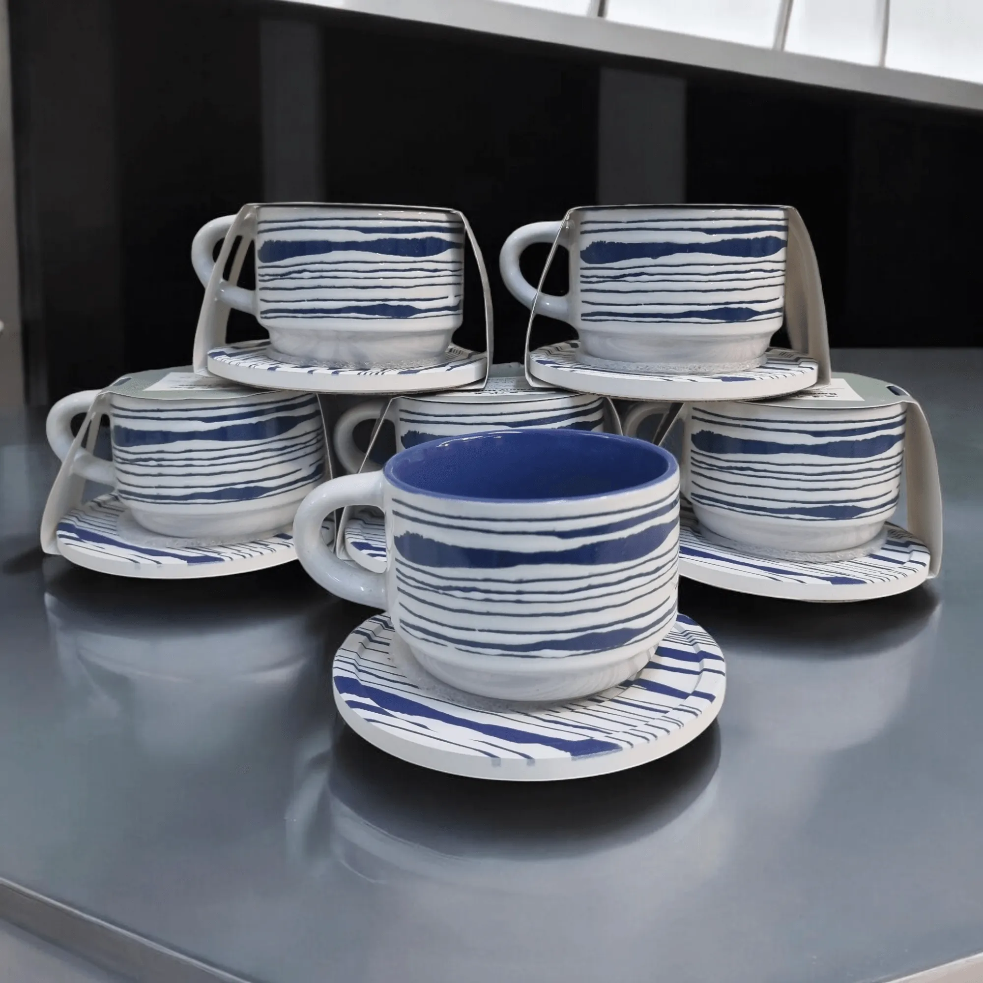 Blue and White Artistic Patterns - Ceramic Mugs with Coasters