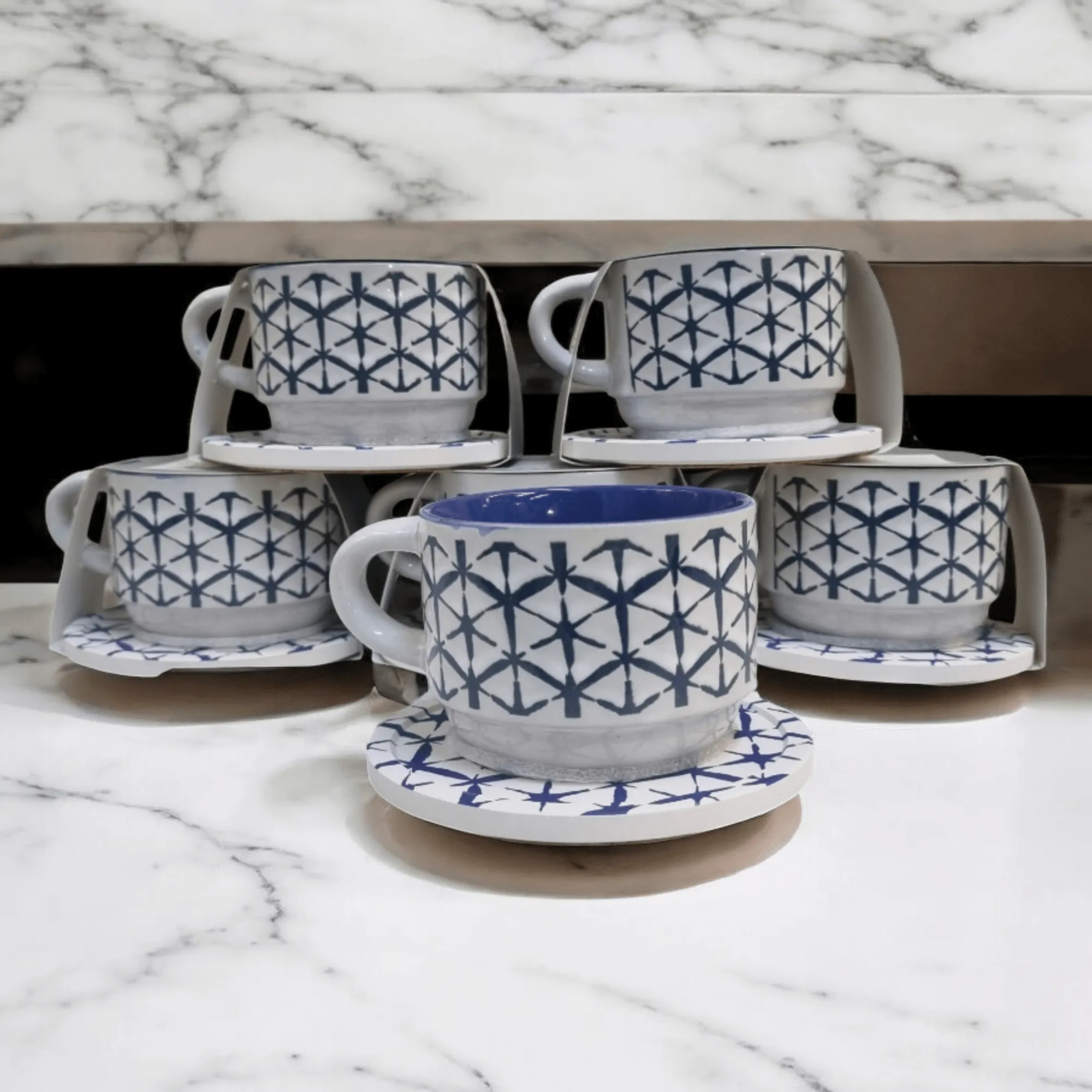 Blue and White Artistic Patterns - Ceramic Mugs with Coasters