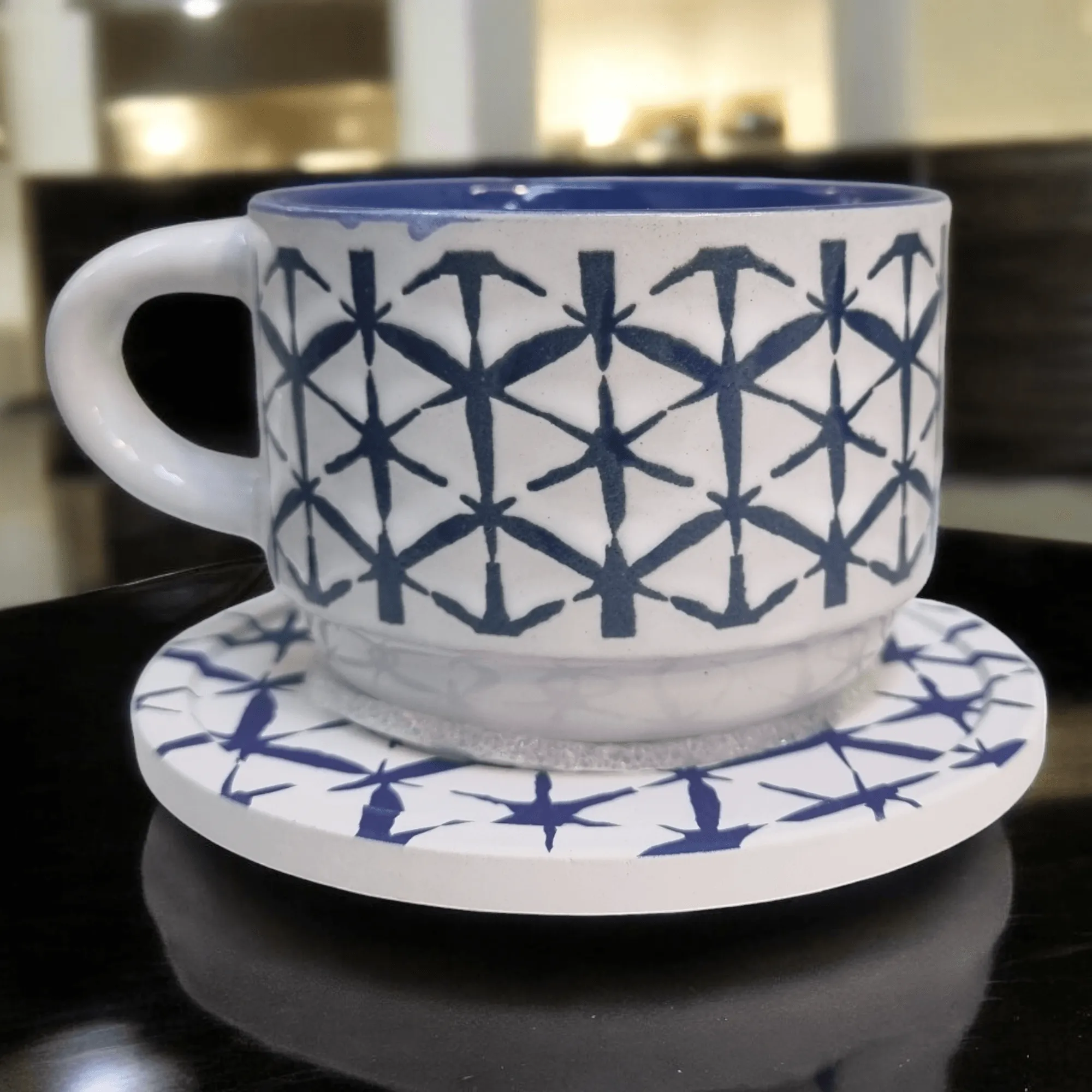 Blue and White Artistic Patterns - Ceramic Mugs with Coasters