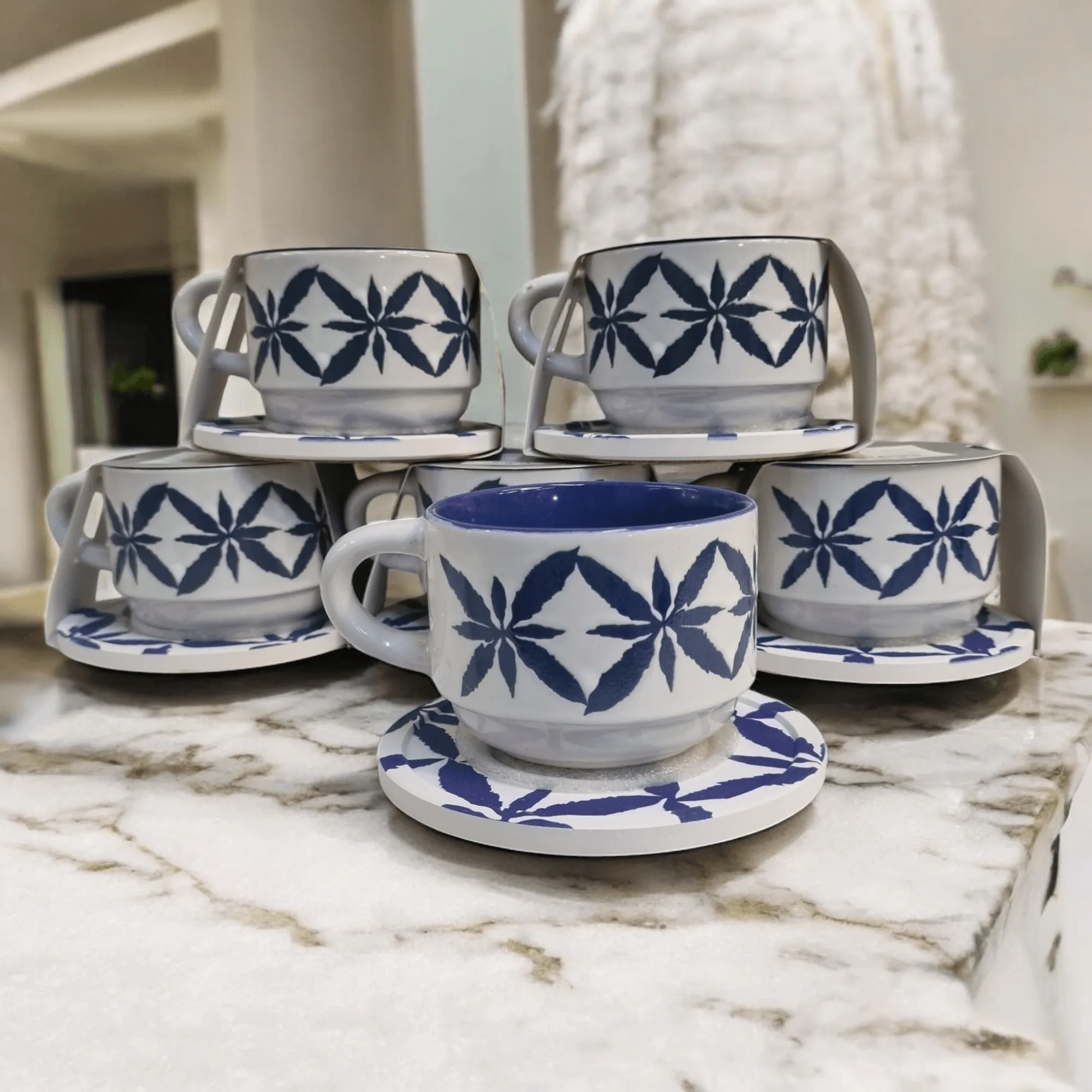 Blue and White Artistic Patterns - Ceramic Mugs with Coasters