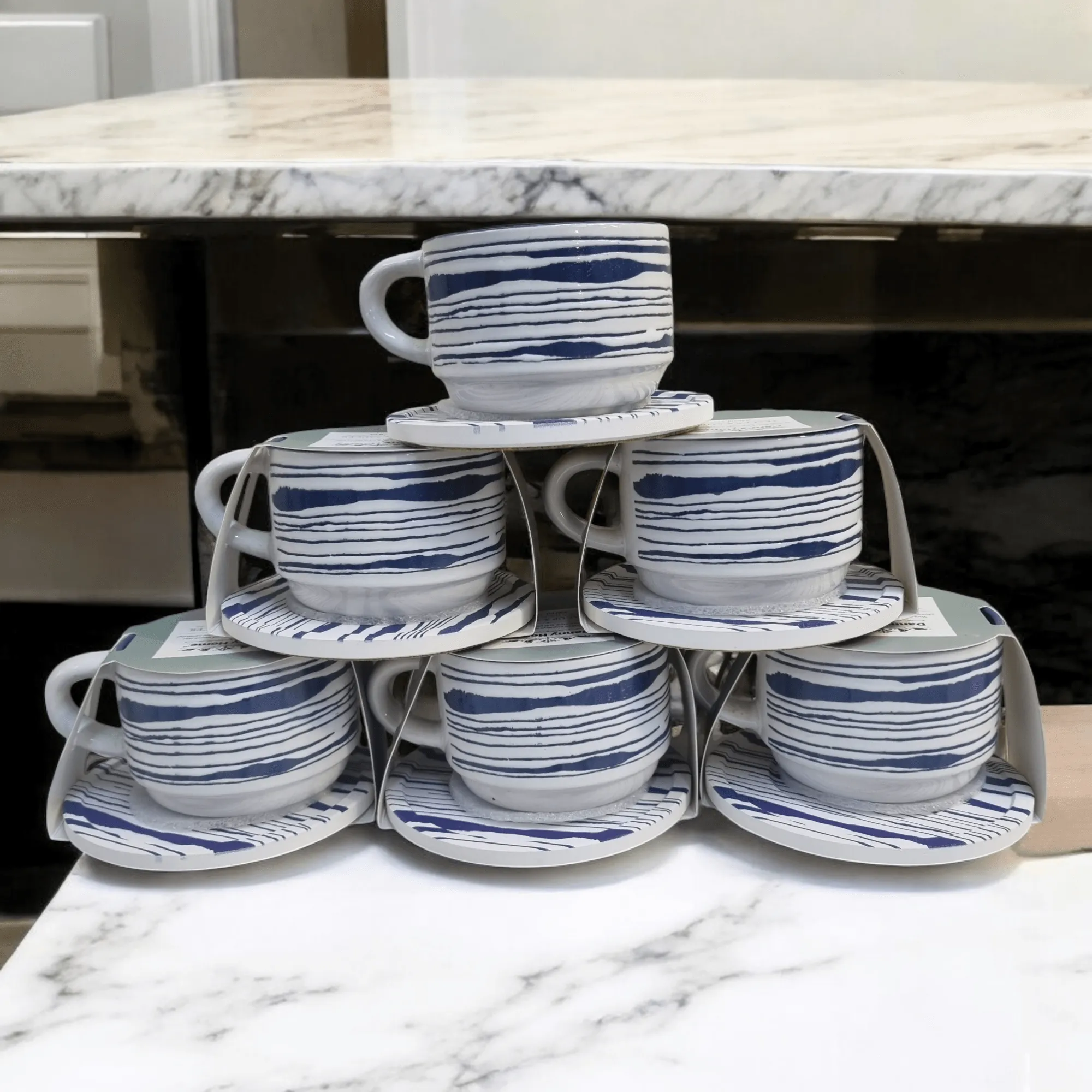 Blue and White Artistic Patterns - Ceramic Mugs with Coasters