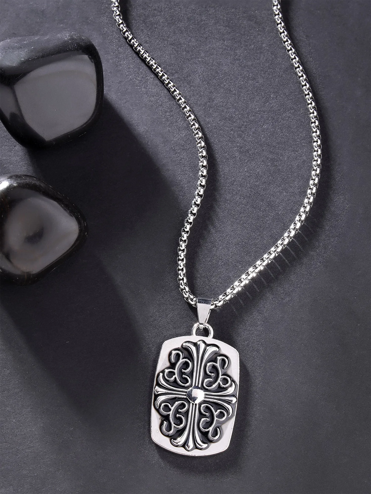 Bohey by KARATCART Silver Plated Embossed Cross Metal Chain Pendant for Men