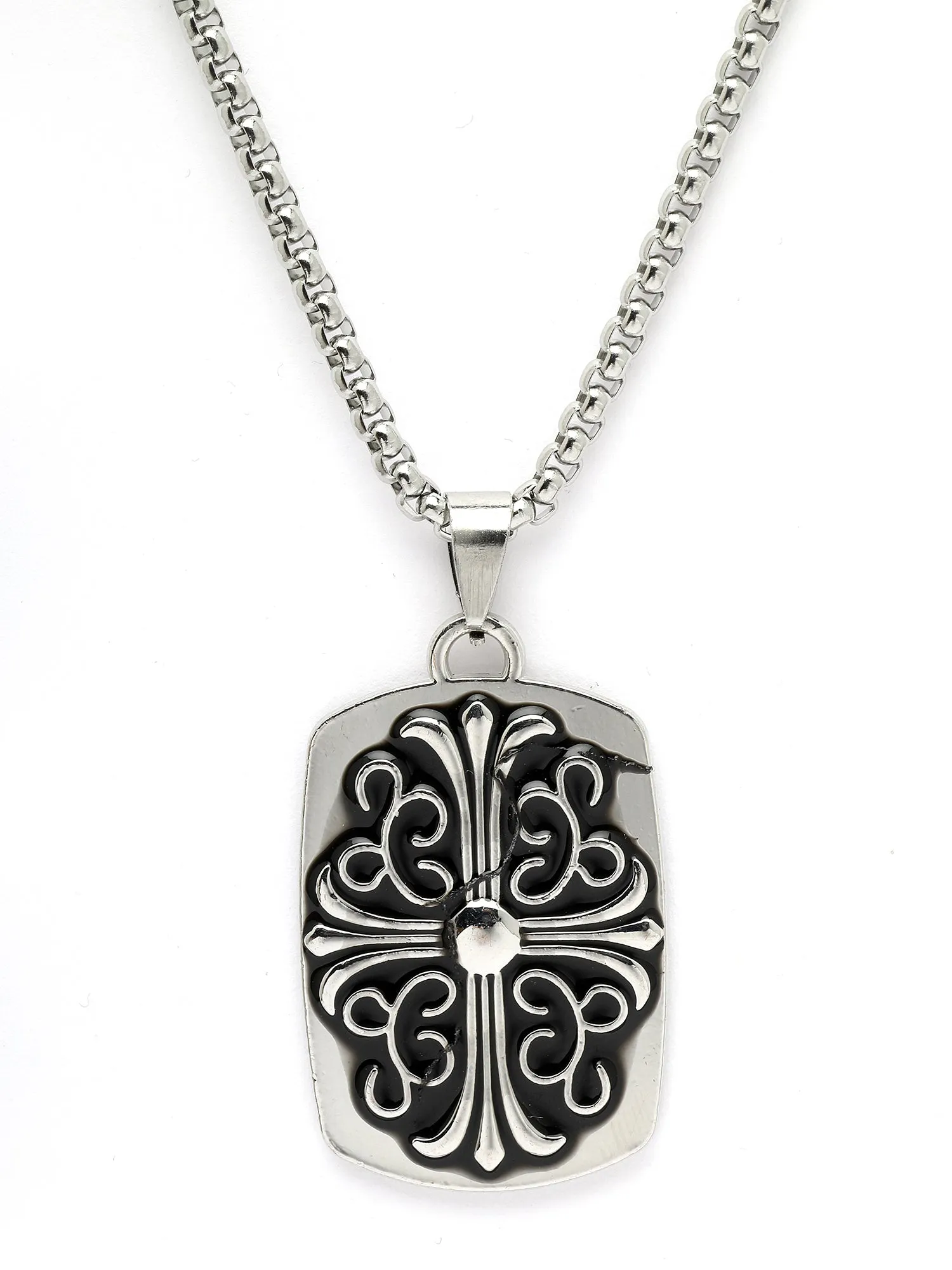 Bohey by KARATCART Silver Plated Embossed Cross Metal Chain Pendant for Men