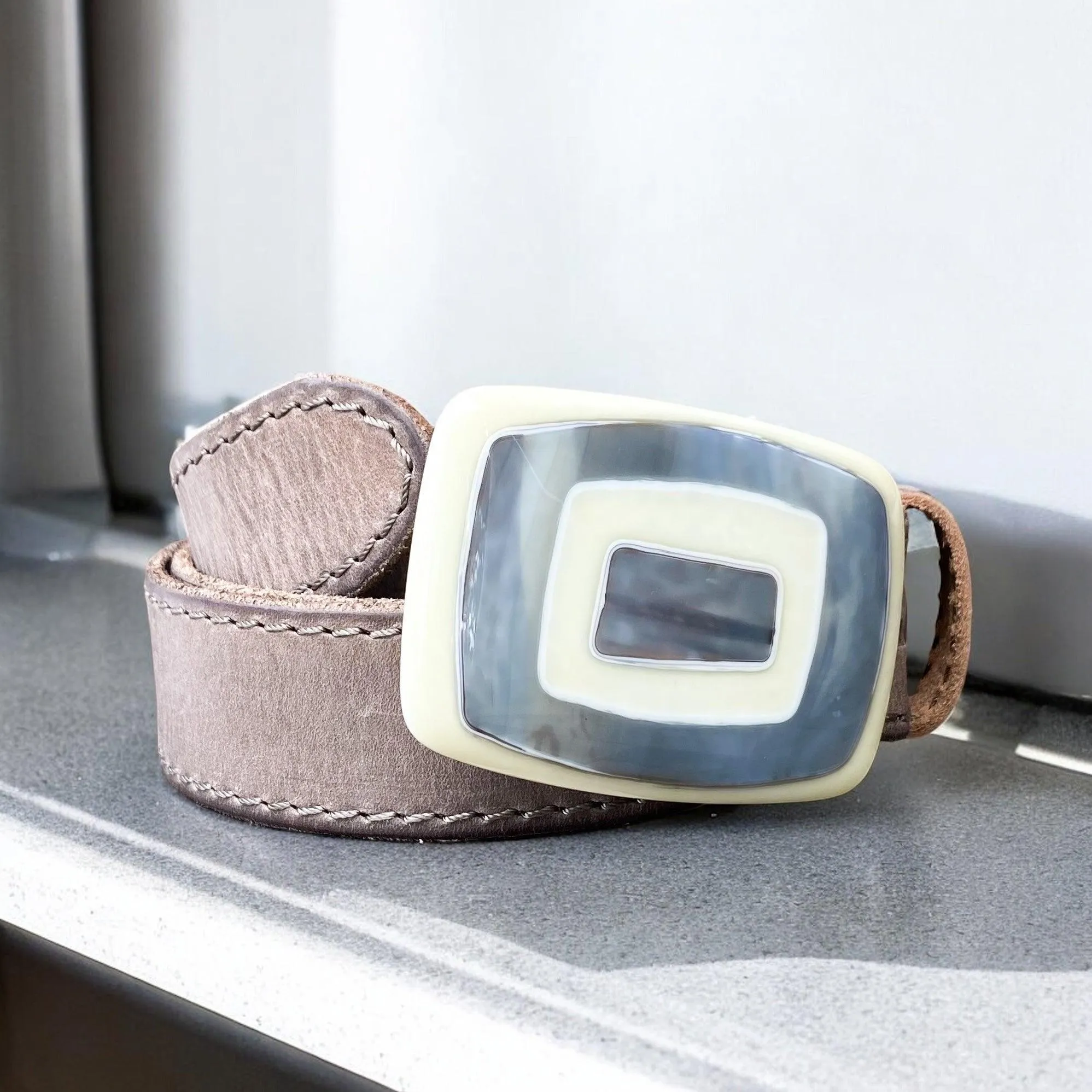 Bold & Colorful Geometric Handblown Glass Buckle Leather Belt
