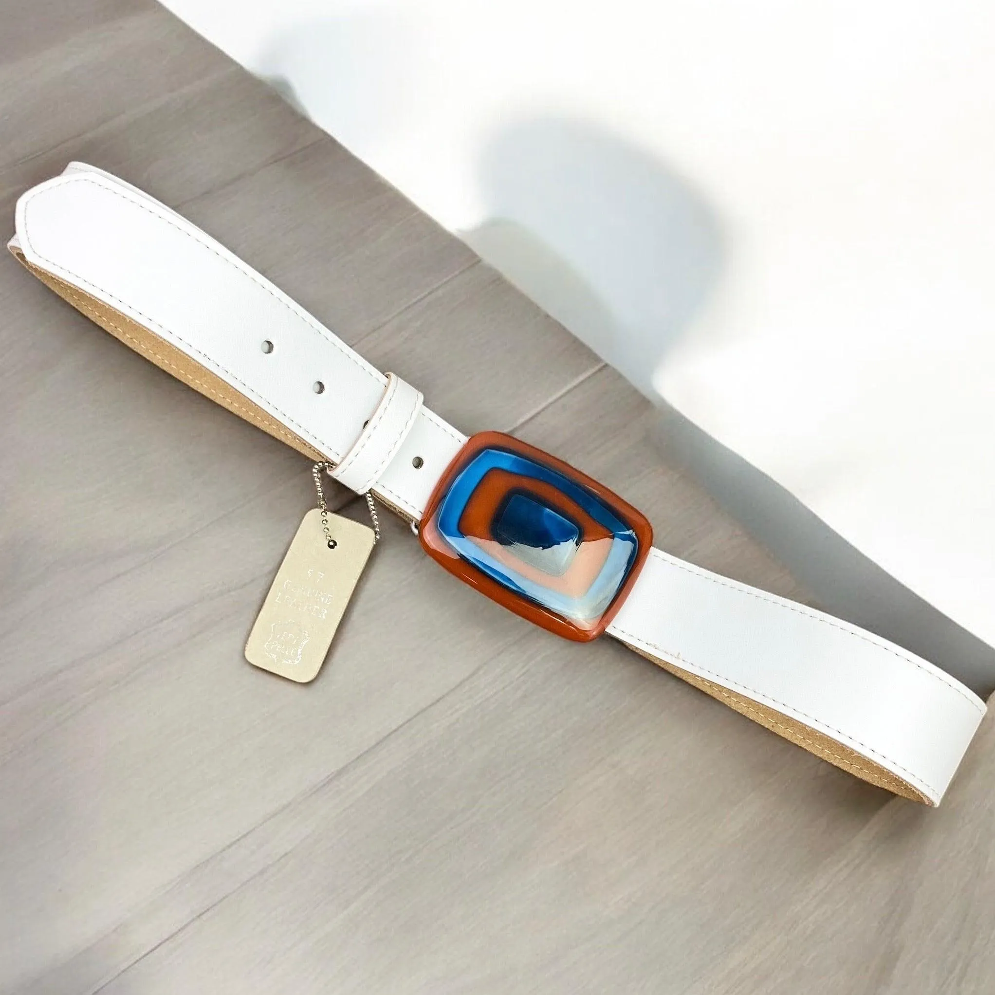 Bold & Colorful Geometric Handblown Glass Buckle Leather Belt